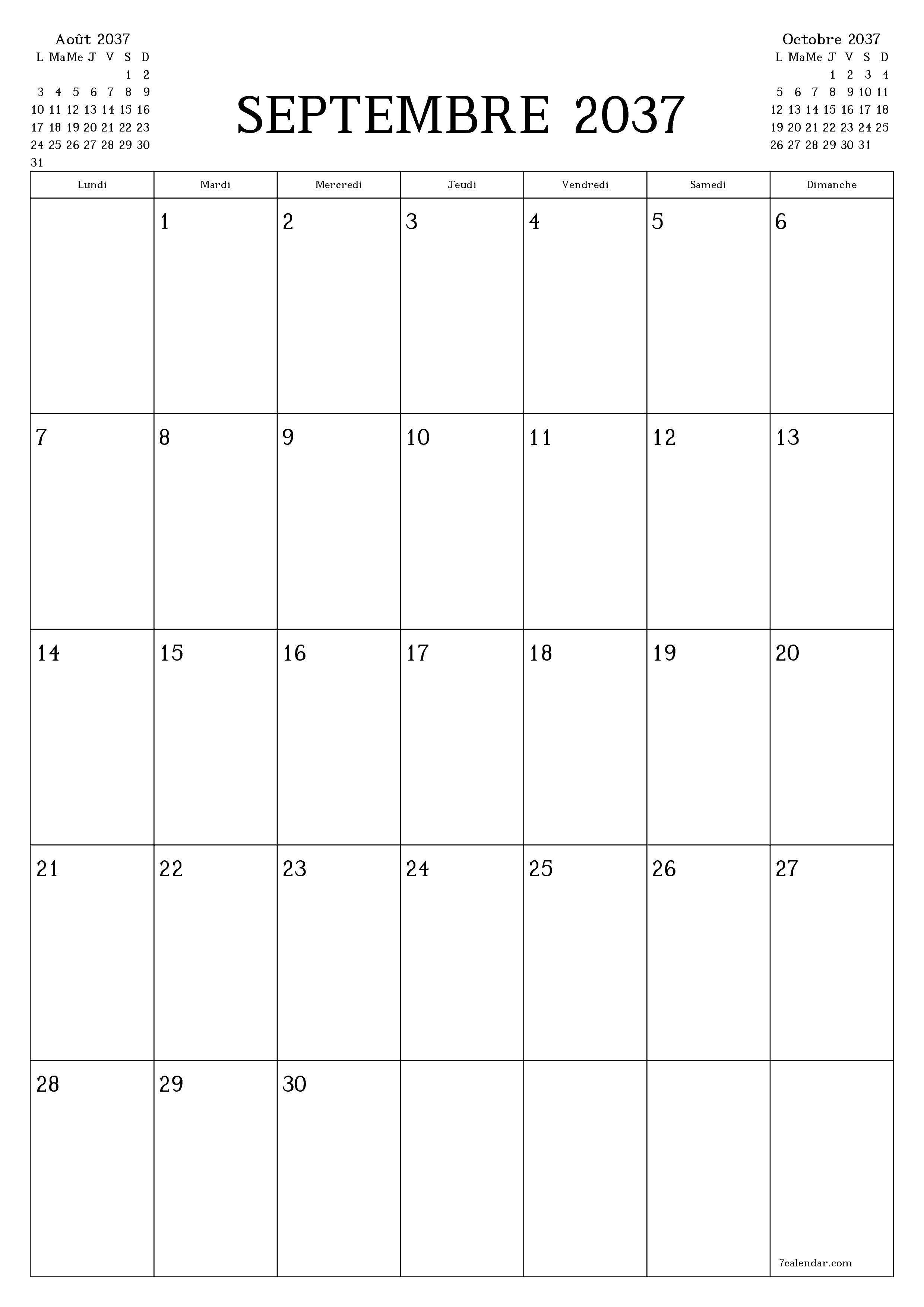  imprimable mural modèle de gratuitverticale Mensuel planificateur calendrier Septembre (Sep) 2037