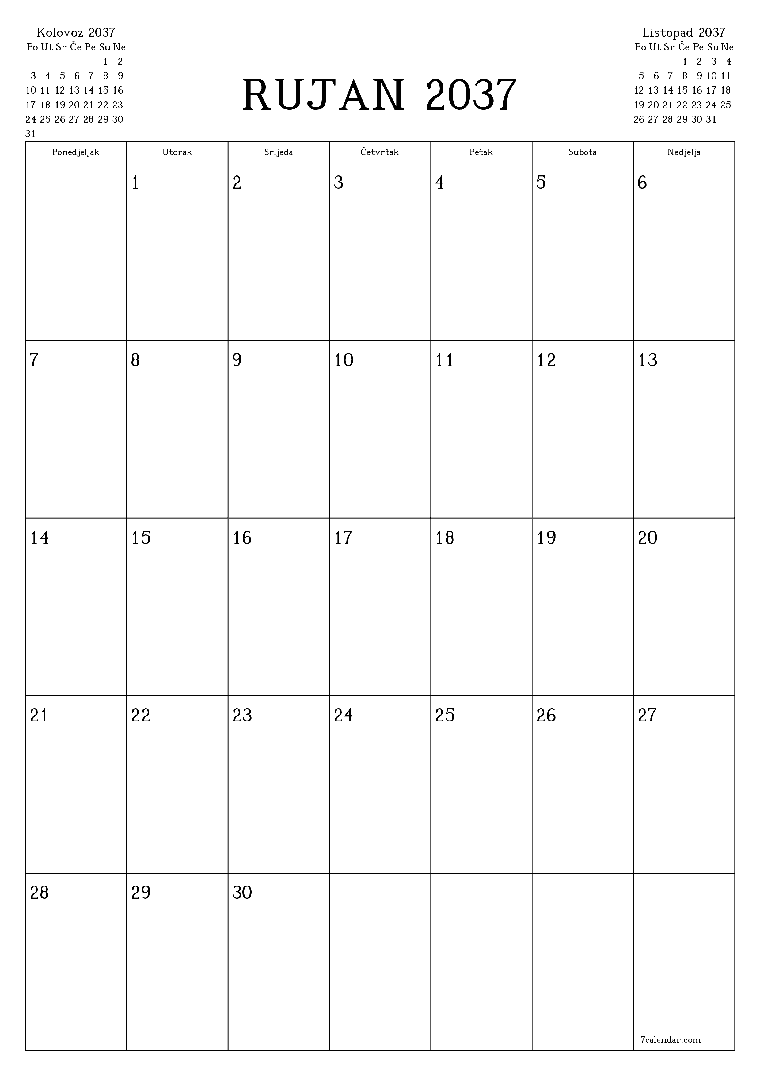  za ispis zidni predložak a besplatni okomito Mjesečni planer kalendar Rujan (Ruj) 2037