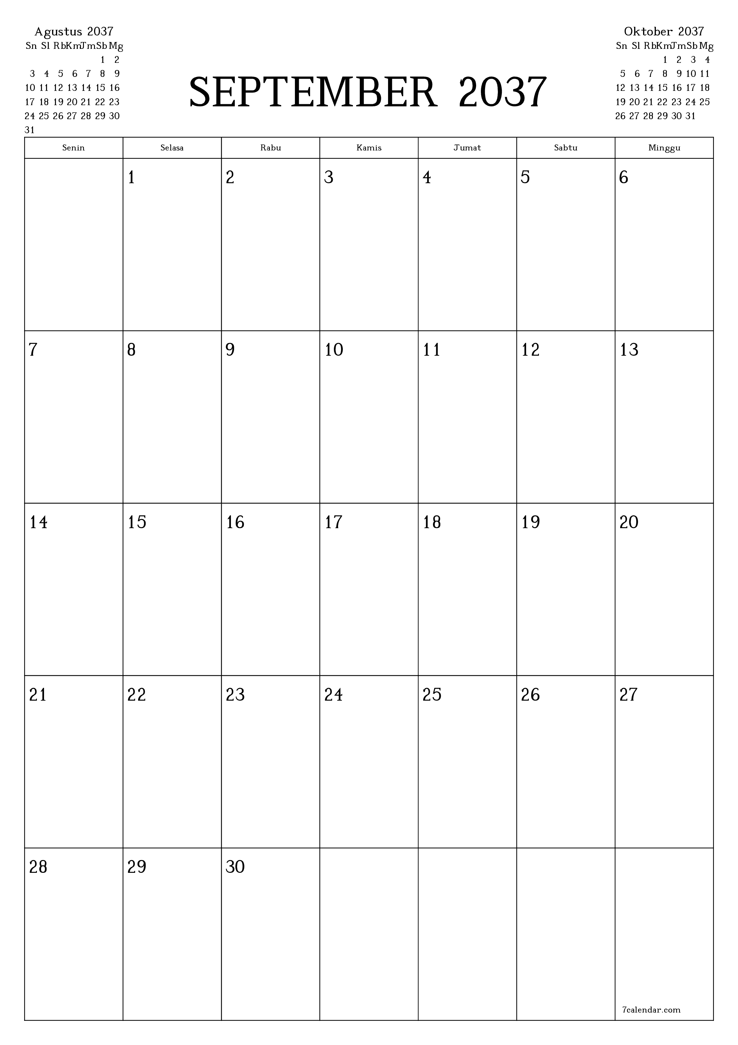 yang dapat dicetak dinding templat gratisvertikal Bulanan perencana kalender September (Sep) 2037