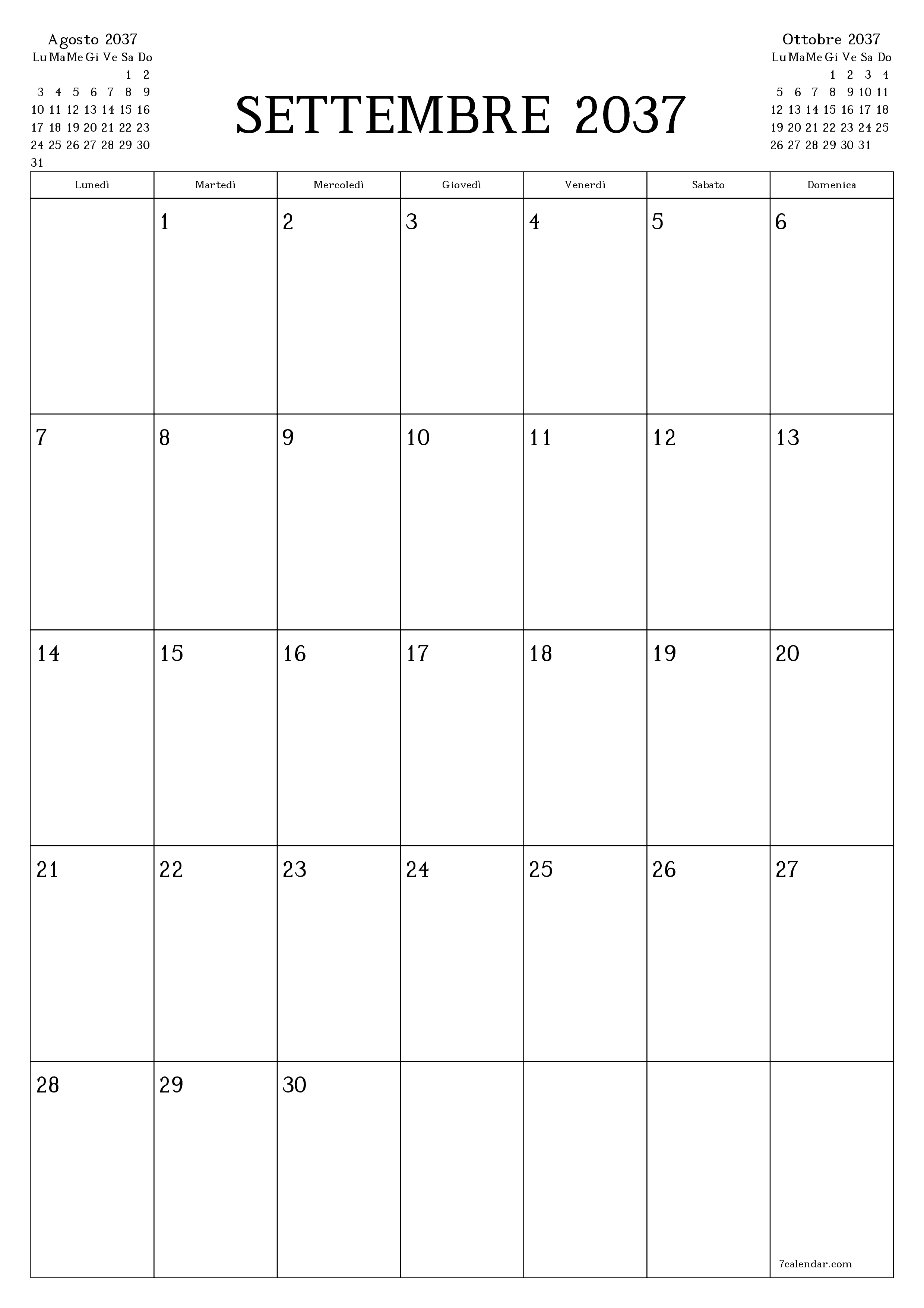  stampabile da parete modello di gratuitoverticale Mensile pianificatore calendario Settembre (Set) 2037