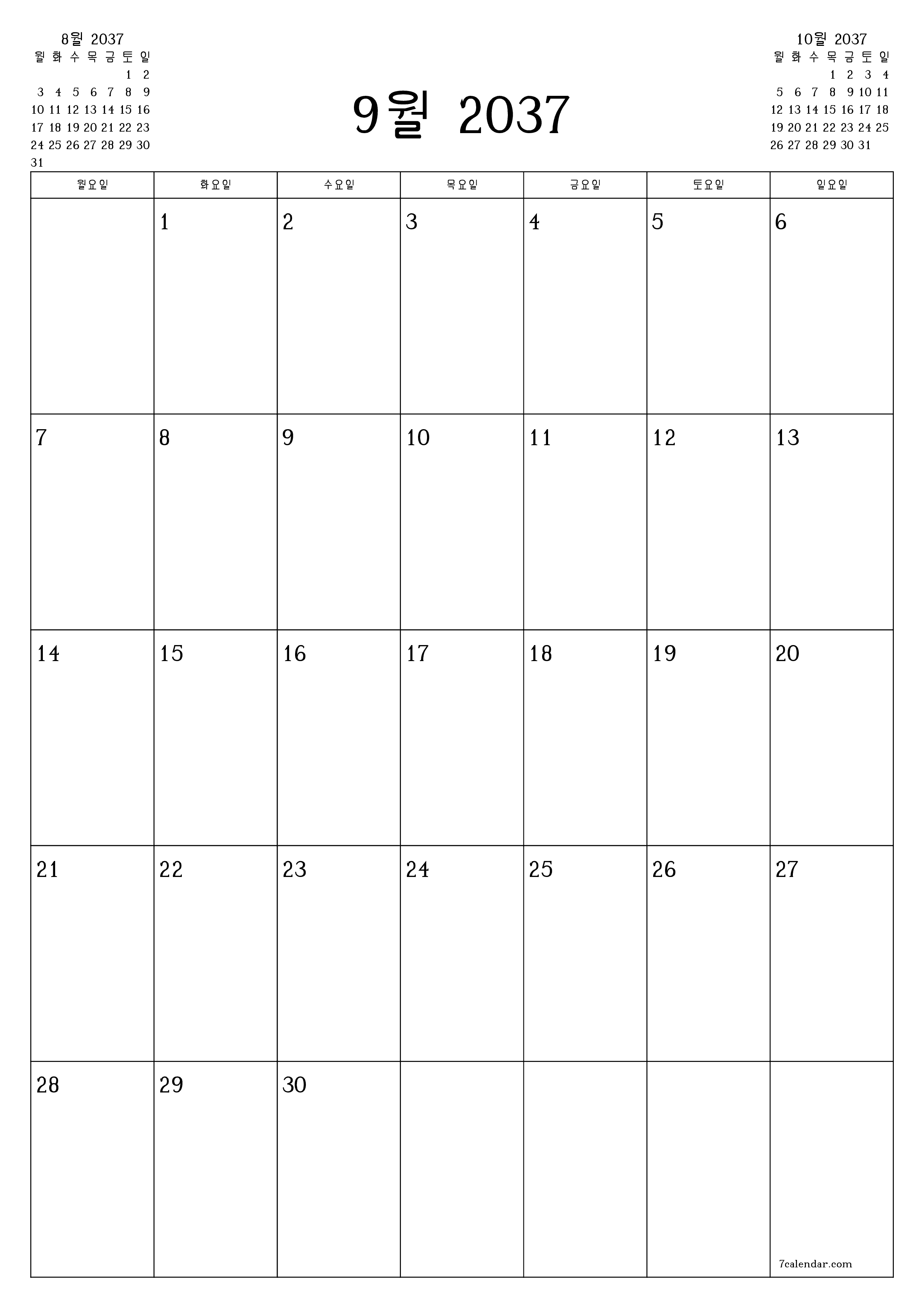 인쇄 가능한 벽 템플릿 무료 캘린더세로 월간 입안자 달력 9월 (9월) 2037