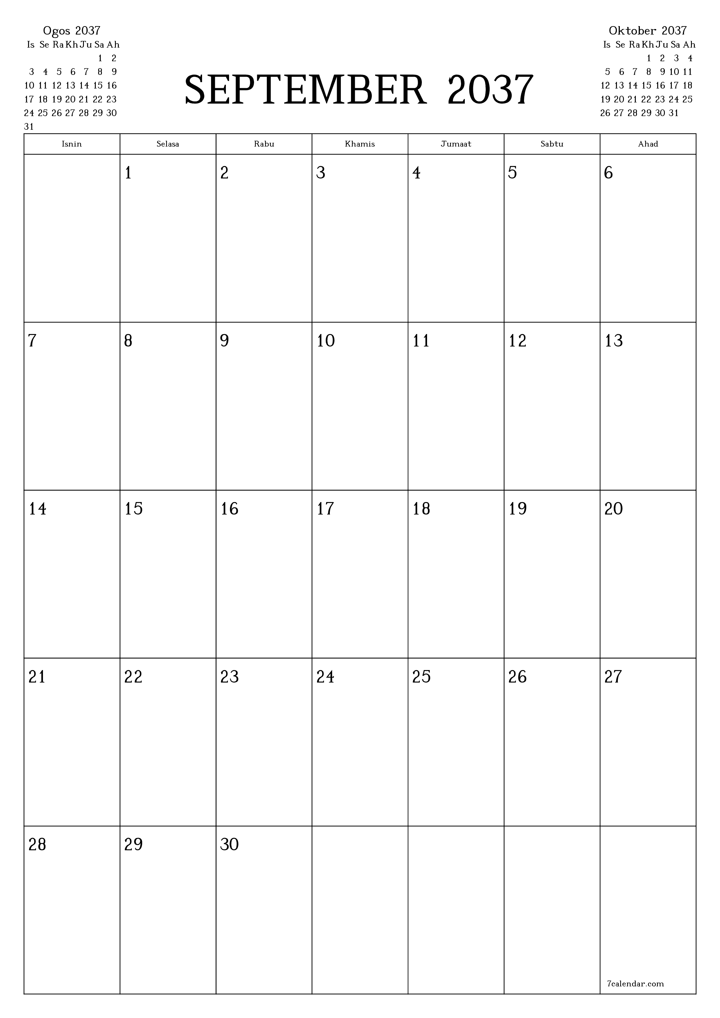  boleh cetak dinding templat percumamenegak Bulanan perancang kalendar September (Sep) 2037
