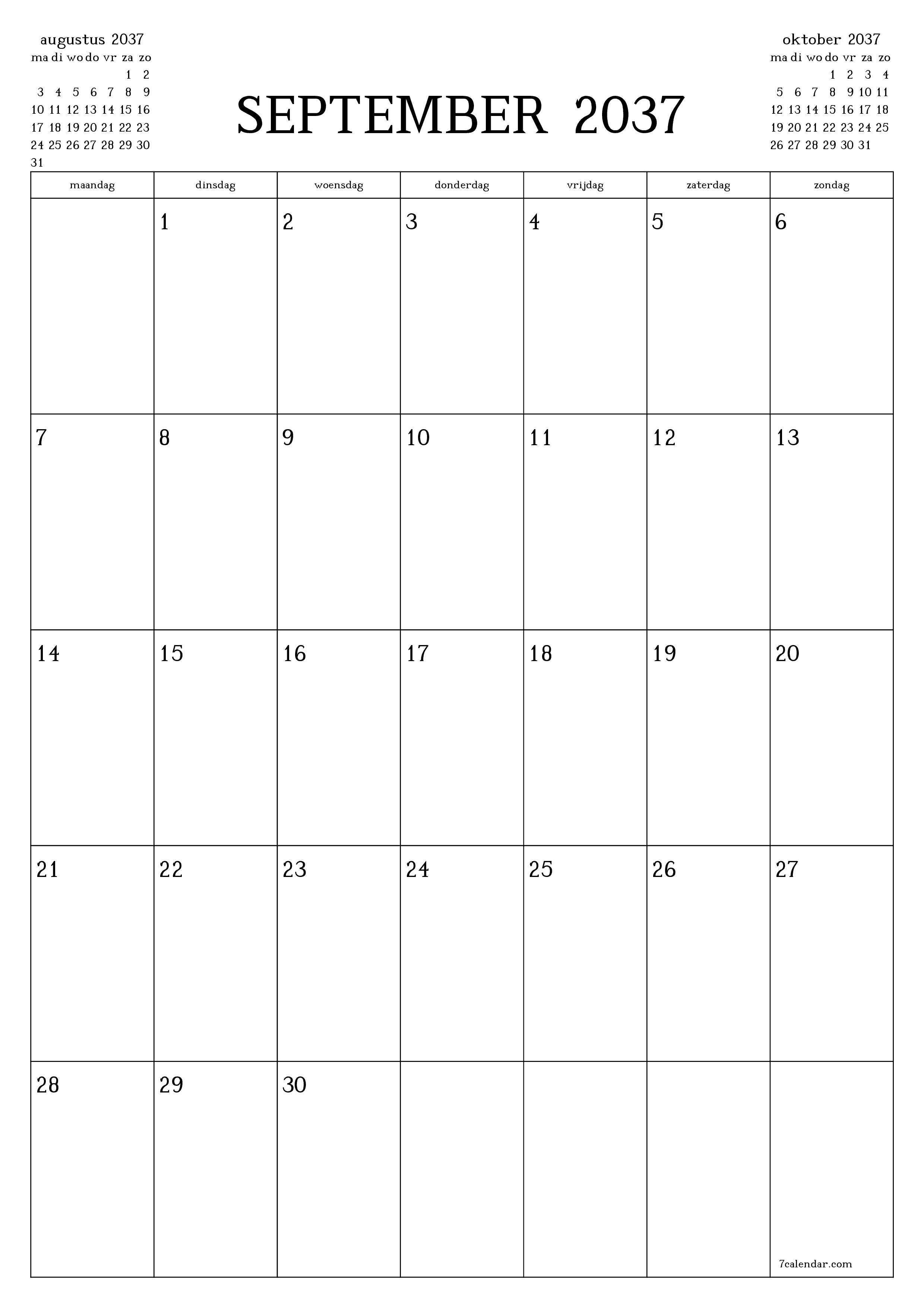 afdrukbare muur sjabloon gratis verticaal Maandelijks planner kalender september (sep) 2037
