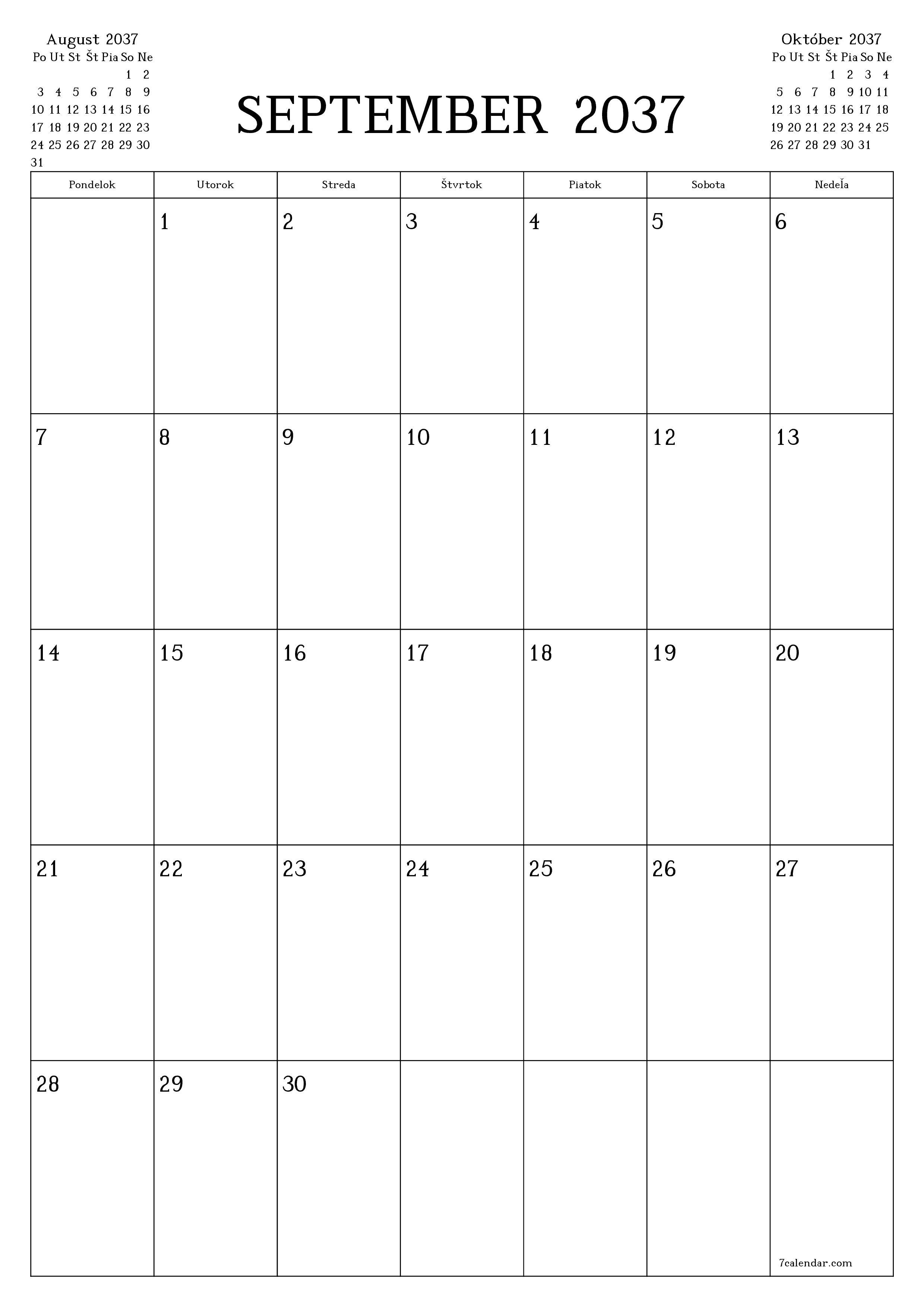 vytlačiteľný nástenný šablóna a bezplatný вертикальный Mesačne plánovač kalendár September (Sep) 2037