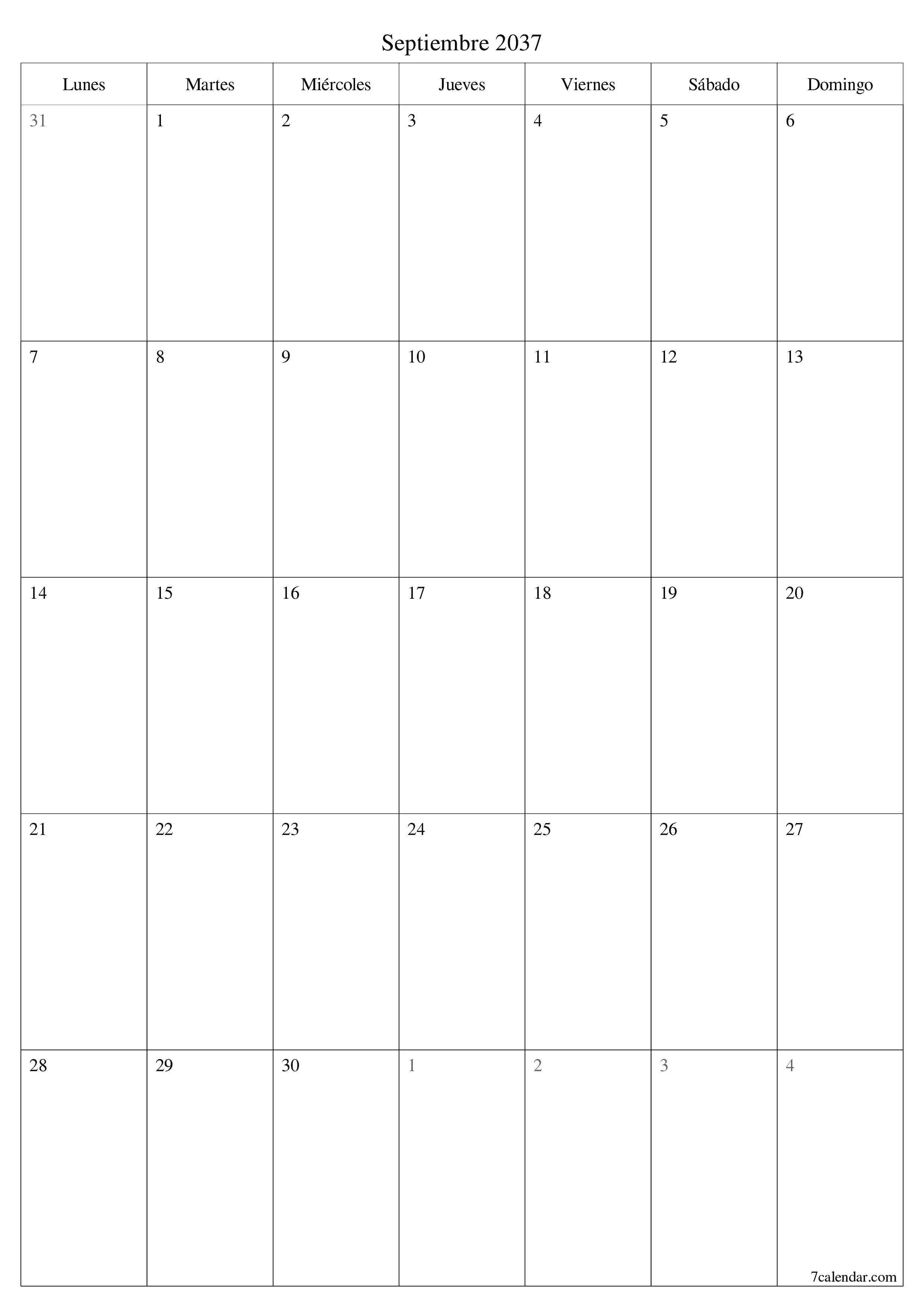  imprimible de pared plantilla de gratisvertical Mensual planificador calendario Septiembre (Sep) 2037