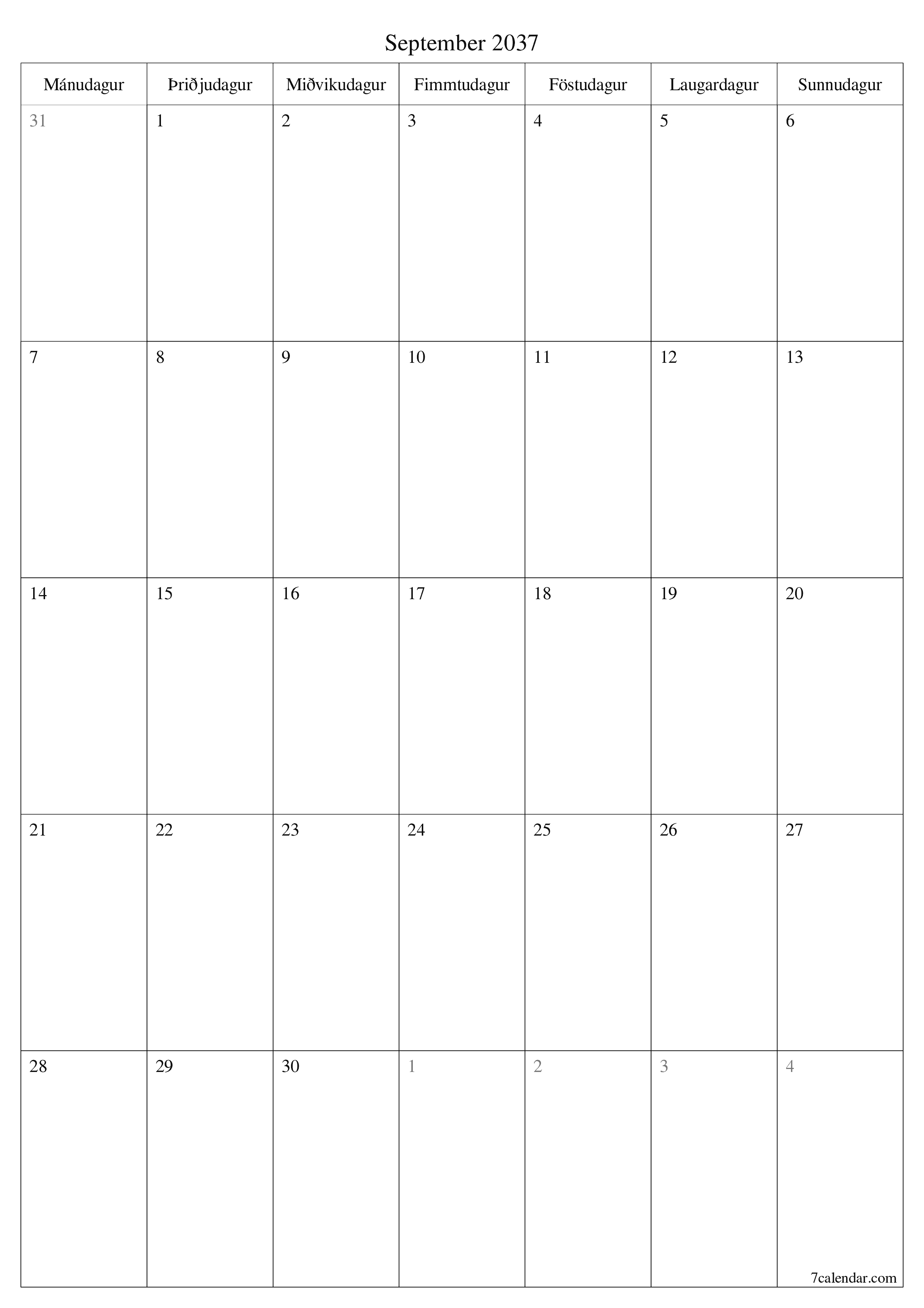 prentanlegt vegg sniðmát fyrir ókeypis lóðrétt Mánaðarlegt skipuleggjandi dagatal September (Sep) 2037