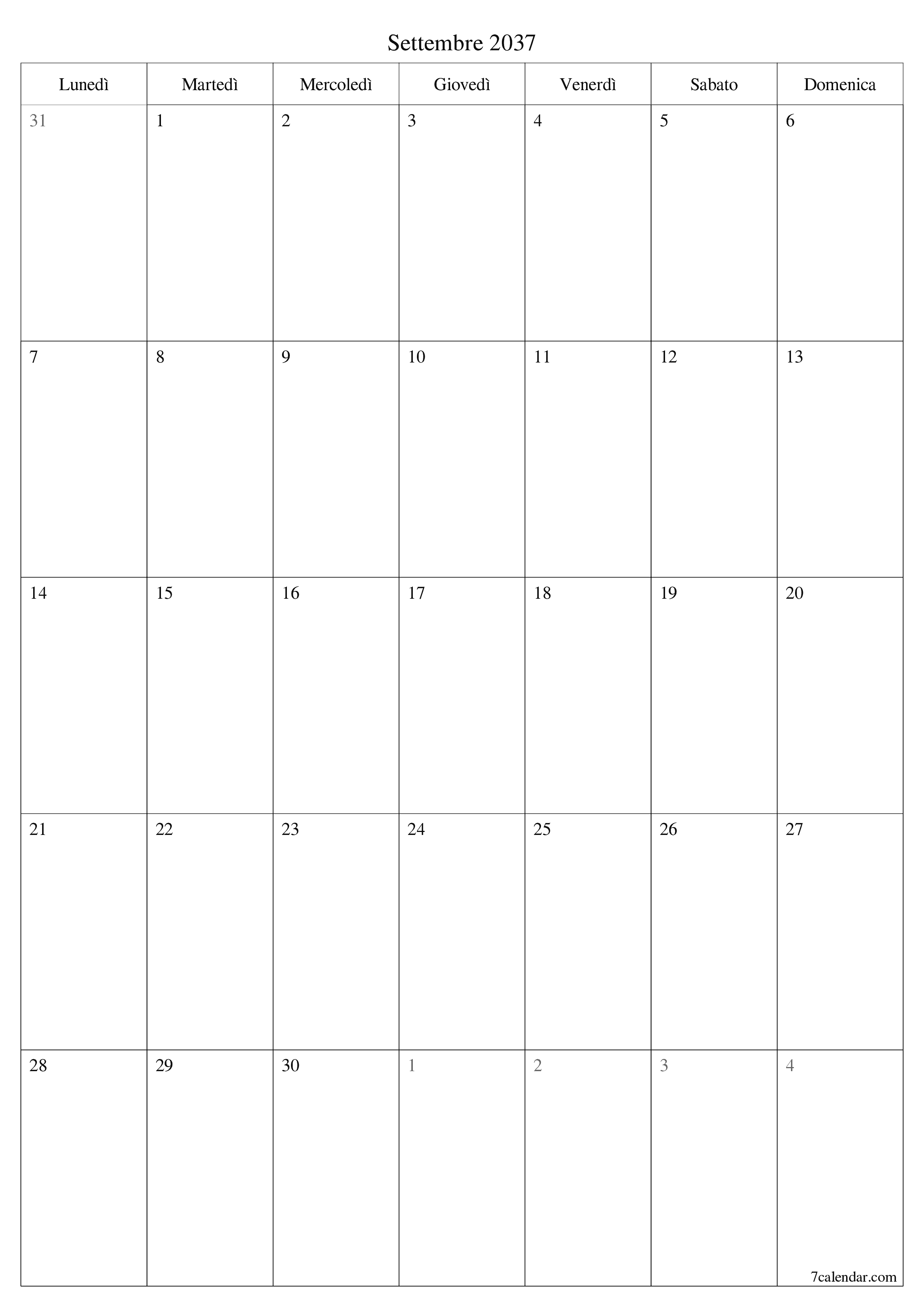  stampabile da parete modello di gratuitoverticale Mensile pianificatore calendario Settembre (Set) 2037