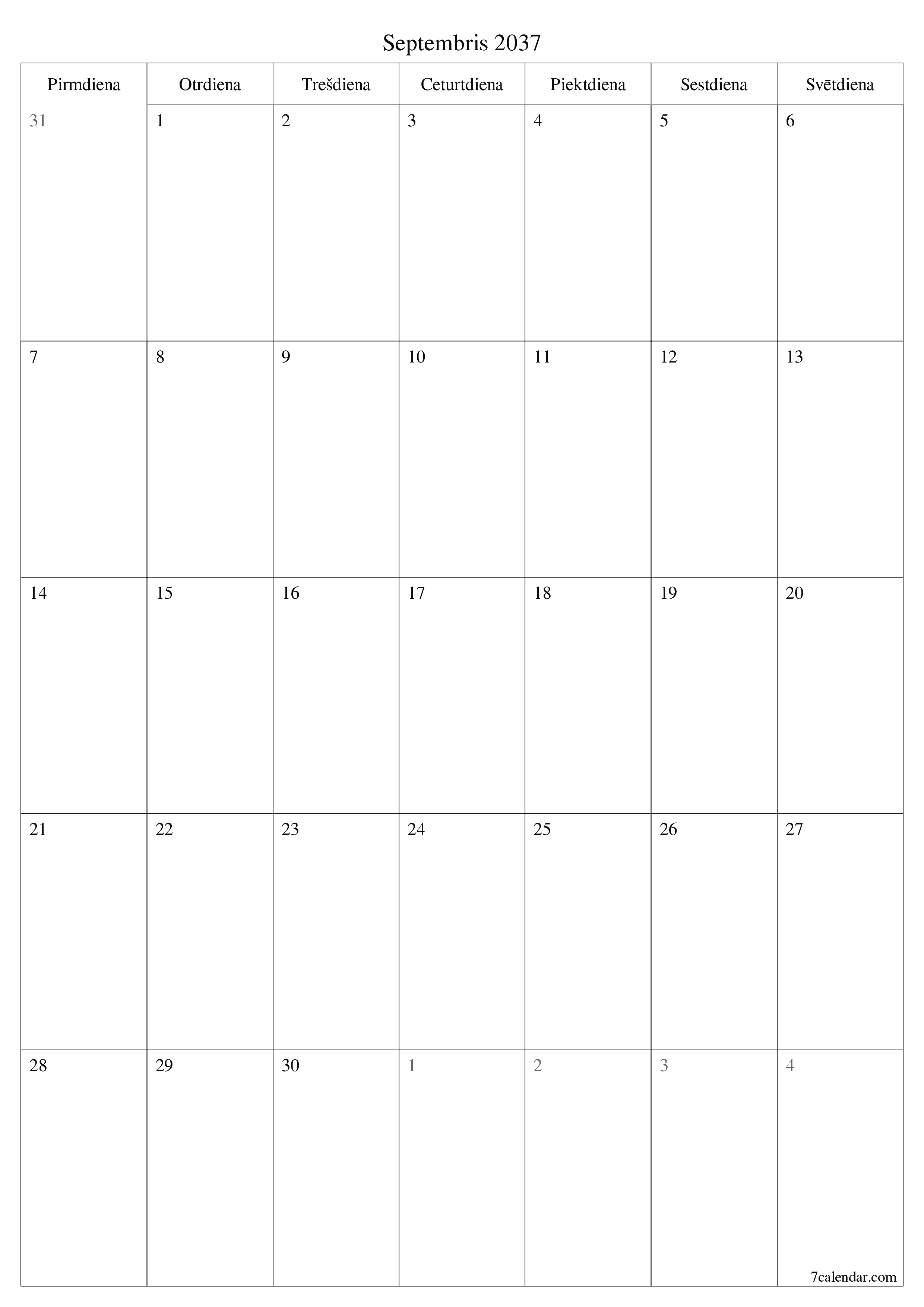 izdrukājams sienas kalendāra veidne bezmaksas vertikāli Mēneša plānotājs kalendārs Septembris (Sep) 2037