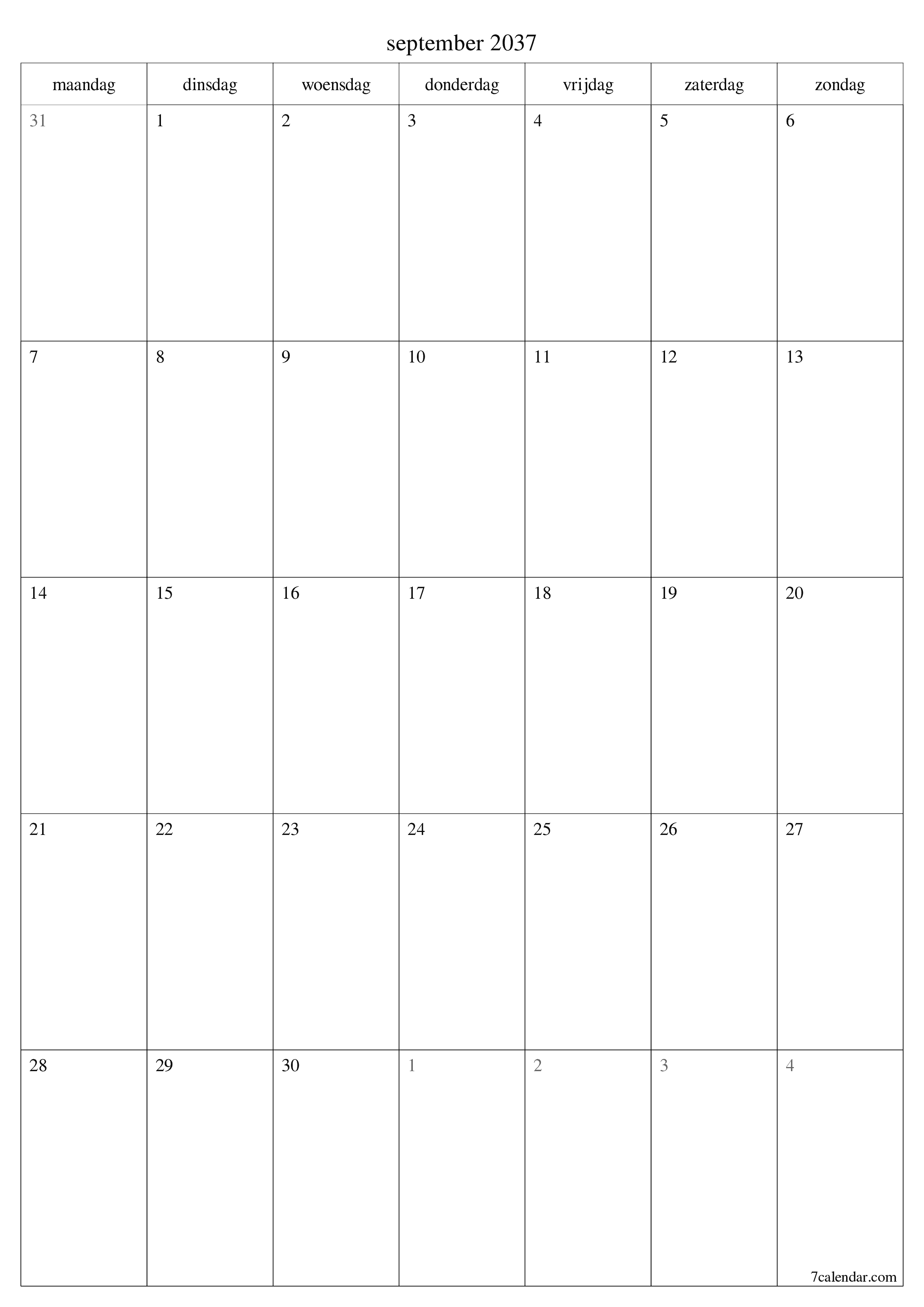 afdrukbare muur sjabloon gratis verticaal Maandelijks planner kalender september (sep) 2037