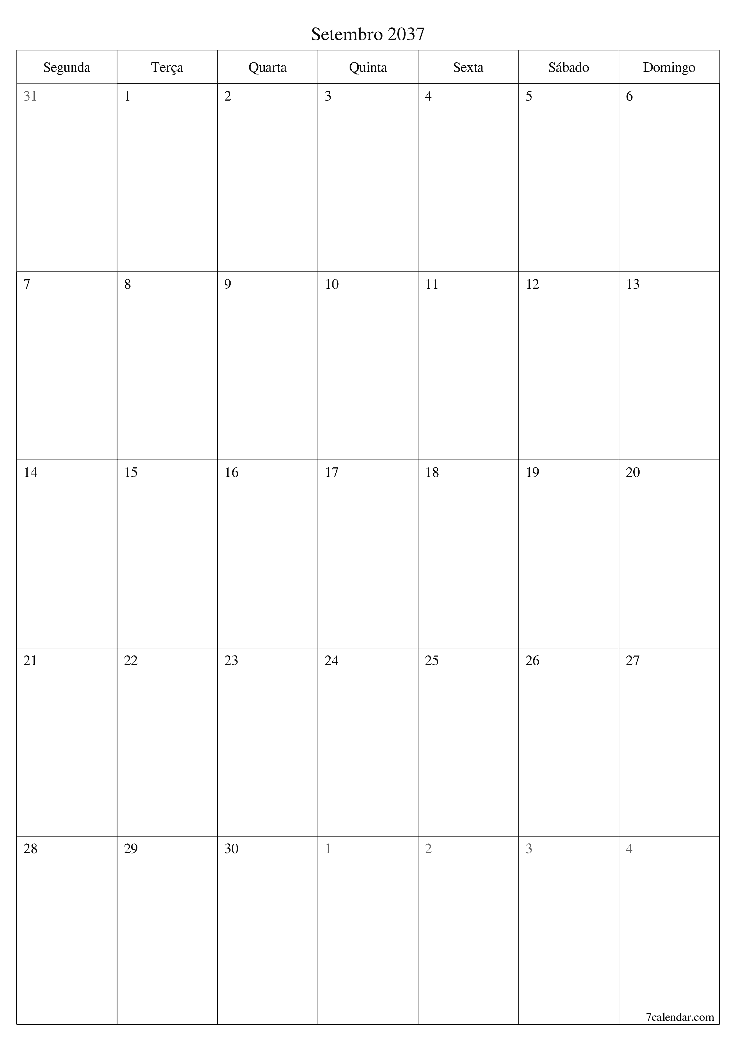 para impressão de parede modelo de grátisvertical Mensal planejador calendário Setembro (Set) 2037