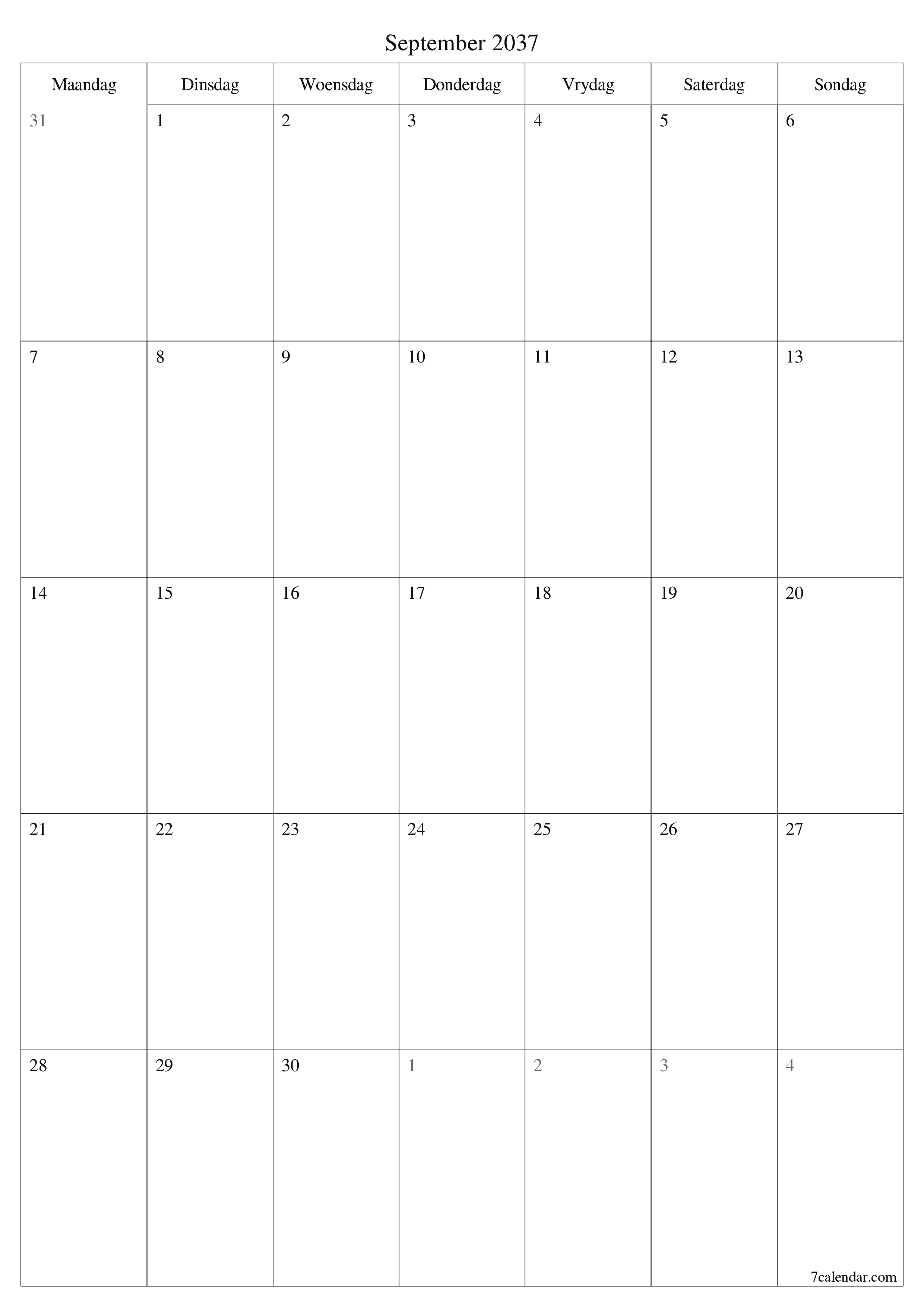 drukbare muur template gratis vertikaal Maandeliks beplanner kalender September (Sep) 2037