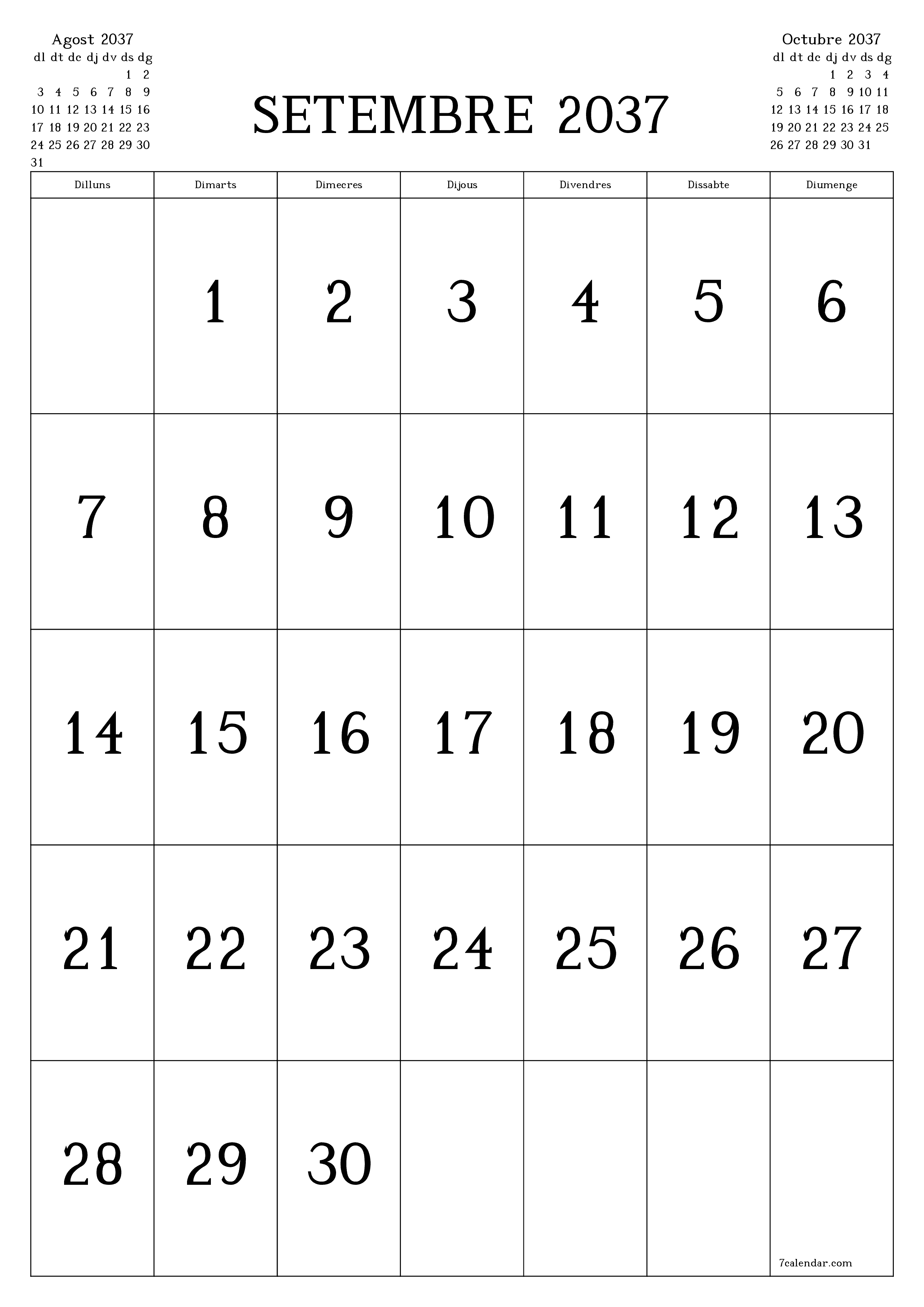  imprimible de paret plantilla de gratuïtvertical Mensual calendari Setembre (Set) 2037