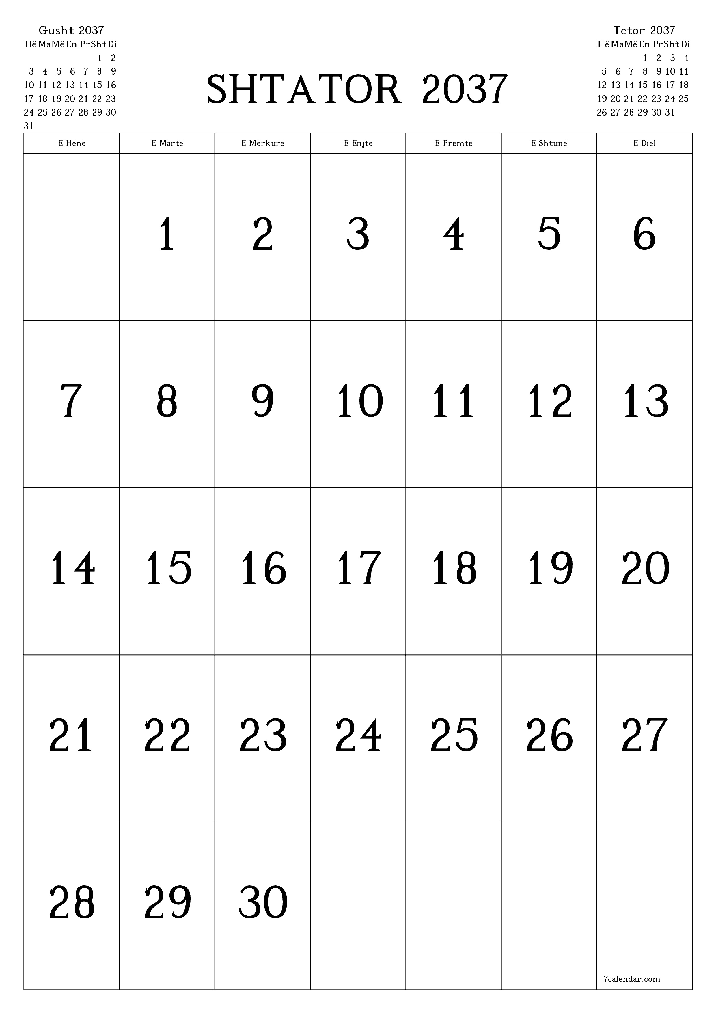  i printueshëm muri shabllon falasvertikale mujore kalendar Shtator (Sht) 2037