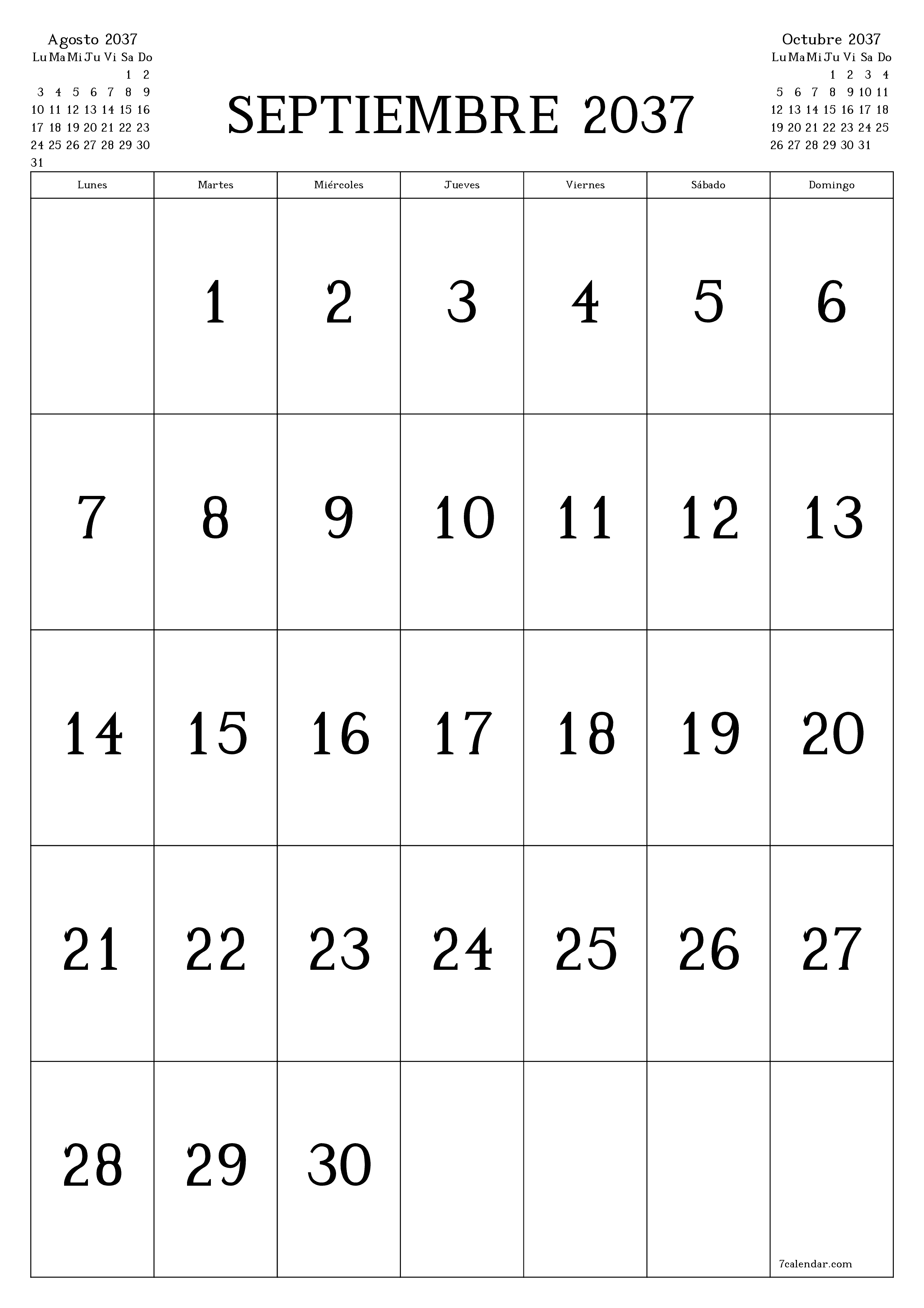  imprimible de pared plantilla de gratisvertical Mensual calendario Septiembre (Sep) 2037
