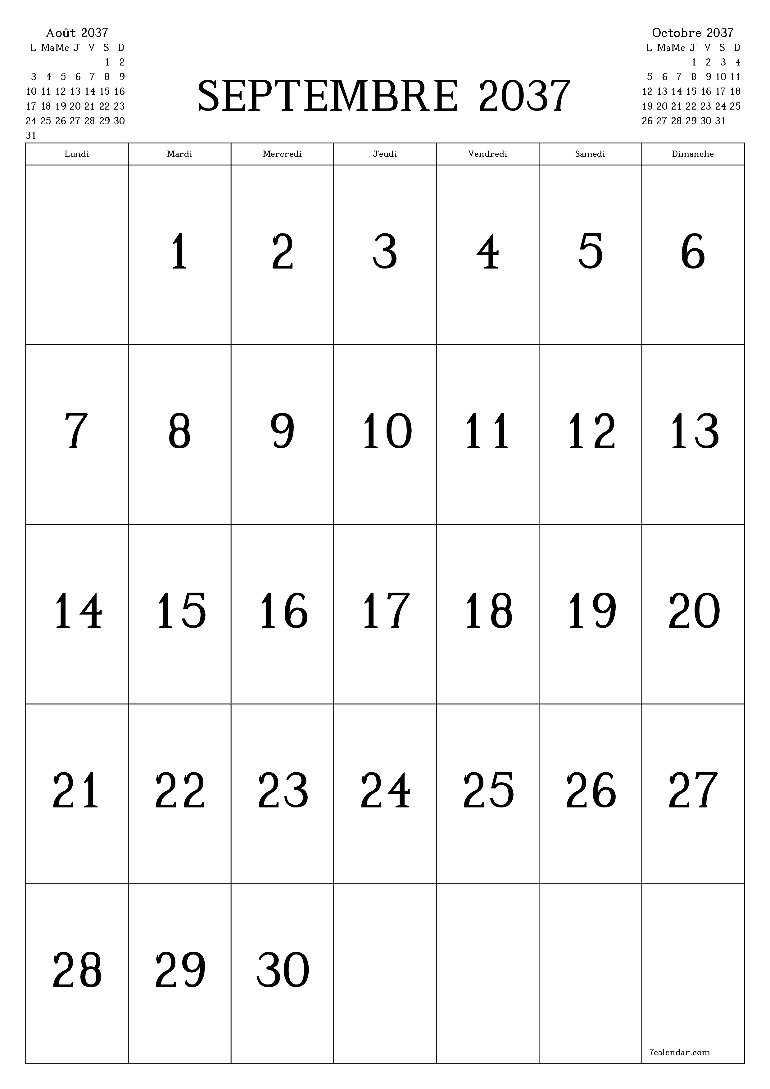  imprimable mural modèle de gratuitverticale Mensuel calendrier Septembre (Sep) 2037