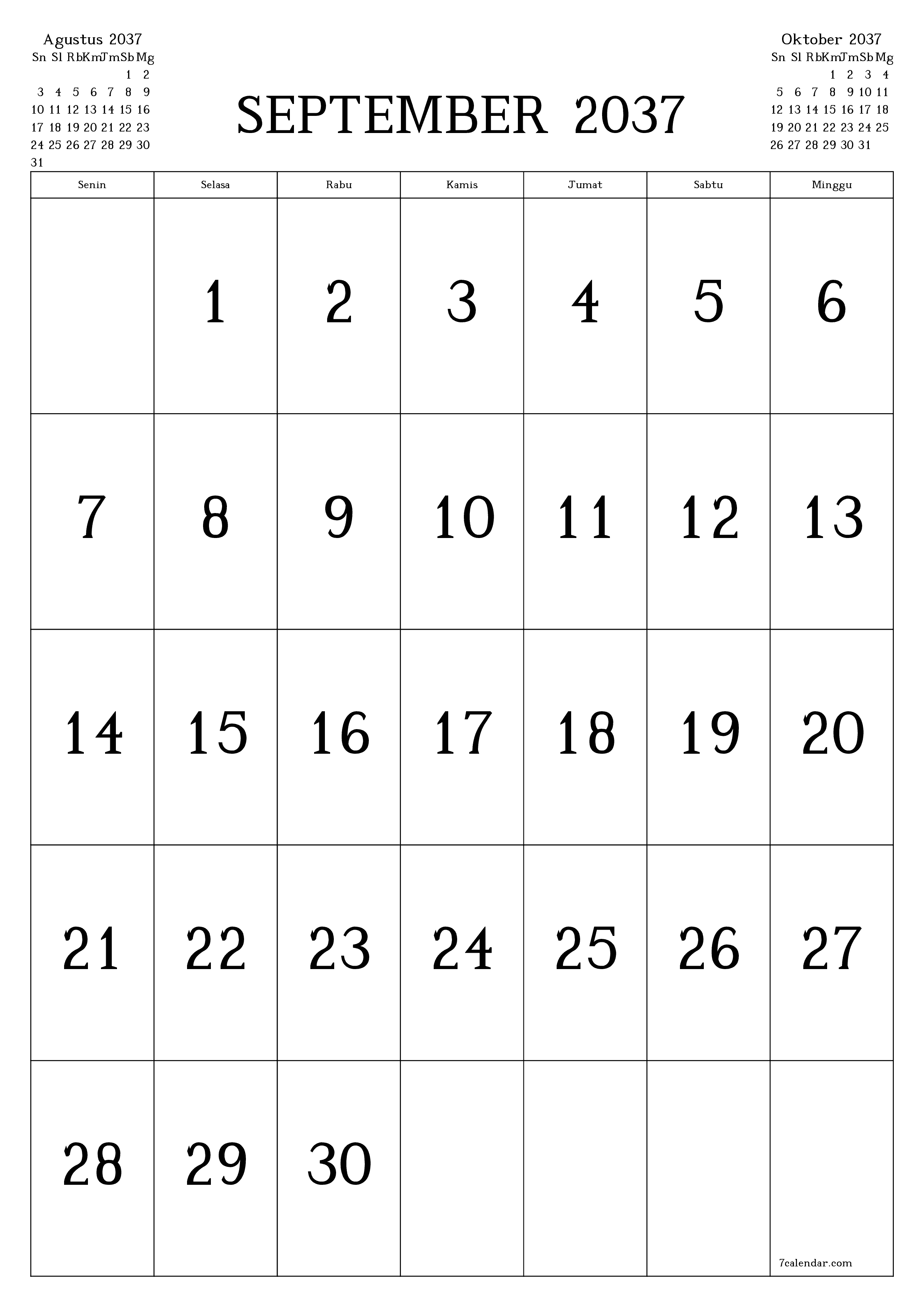  yang dapat dicetak dinding templat gratisvertikal Bulanan kalender September (Sep) 2037