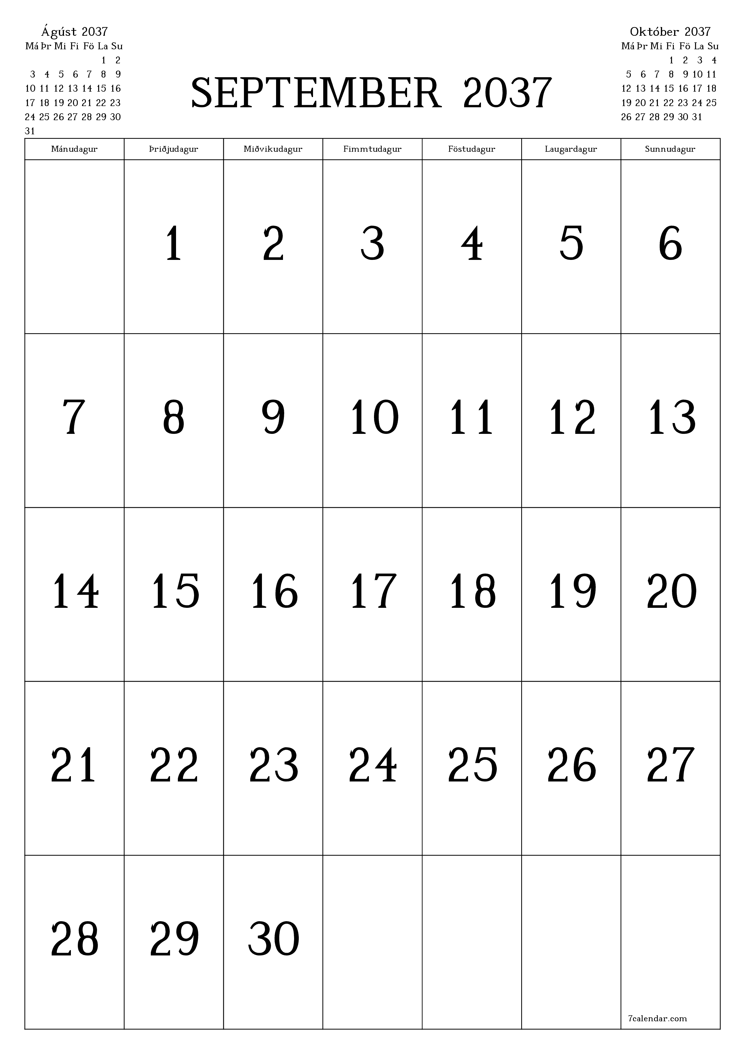 prentanlegt vegg sniðmát fyrir ókeypis lóðrétt Mánaðarlegt dagatal September (Sep) 2037