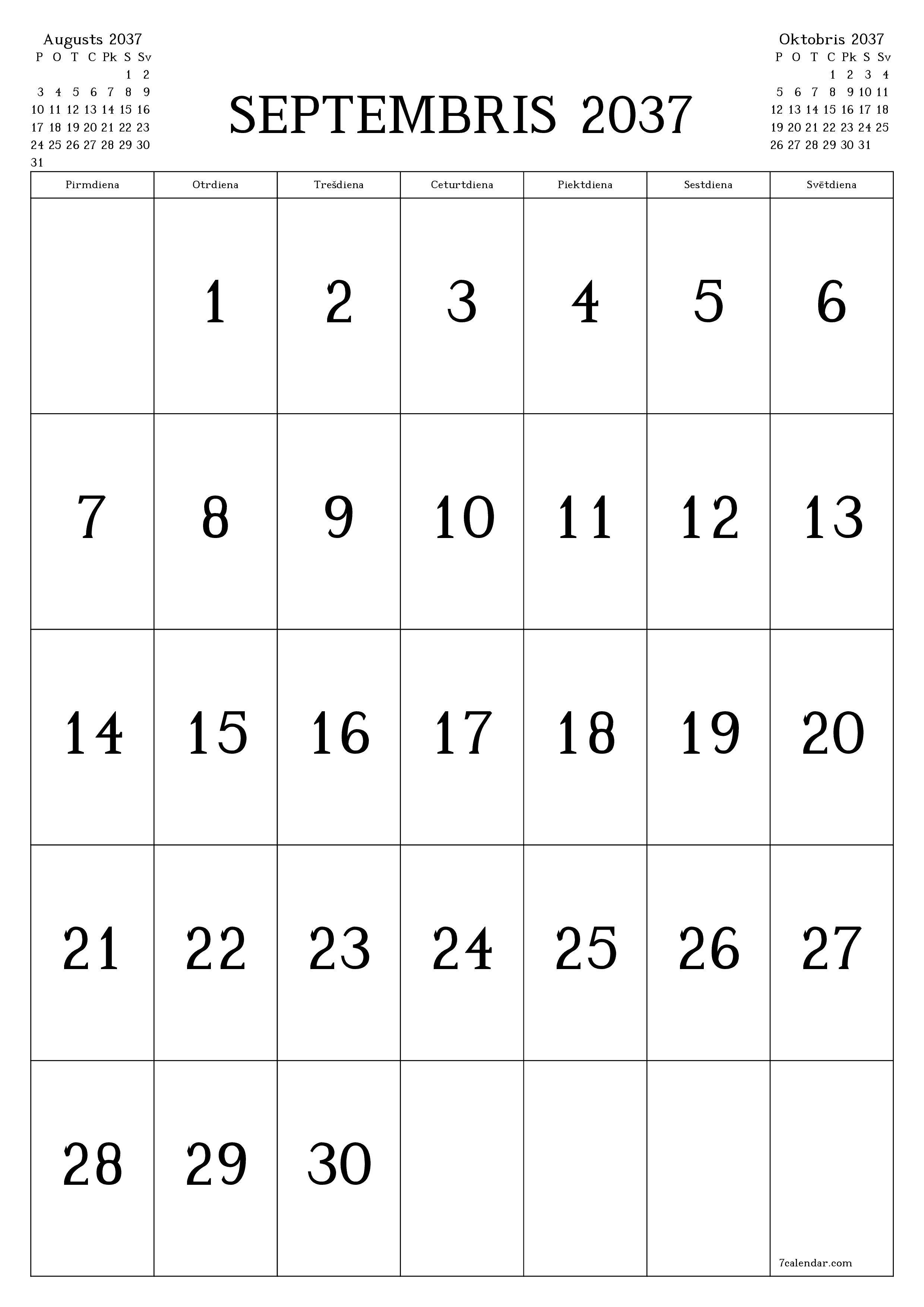 izdrukājams sienas kalendāra veidne bezmaksas vertikāli Mēneša kalendārs Septembris (Sep) 2037
