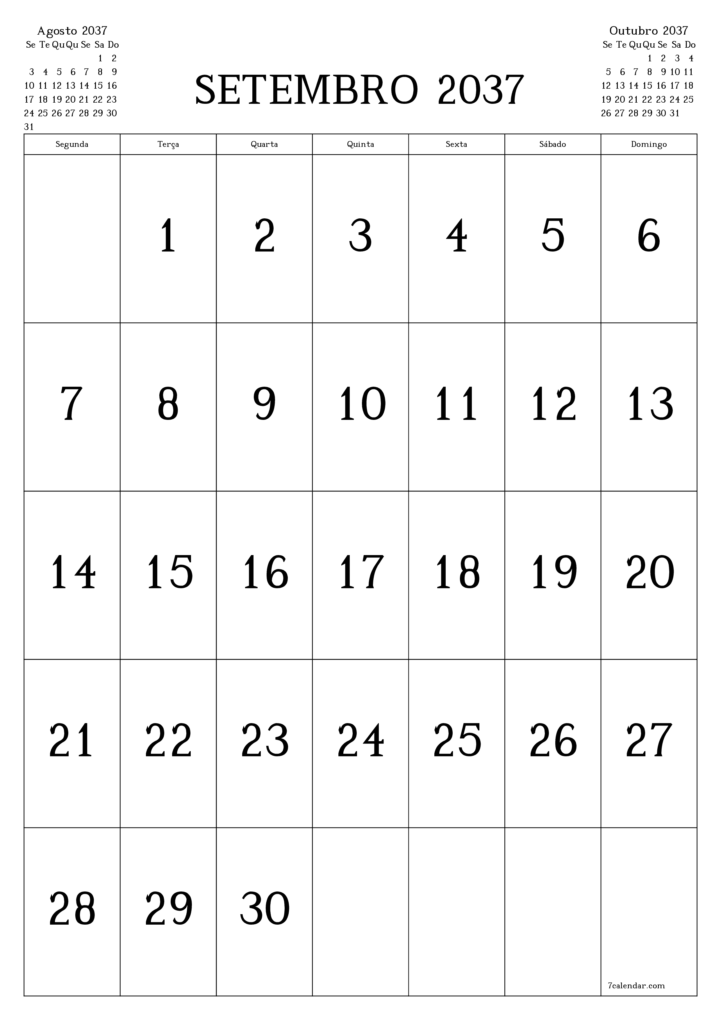  para impressão de parede modelo de grátisvertical Mensal calendário Setembro (Set) 2037
