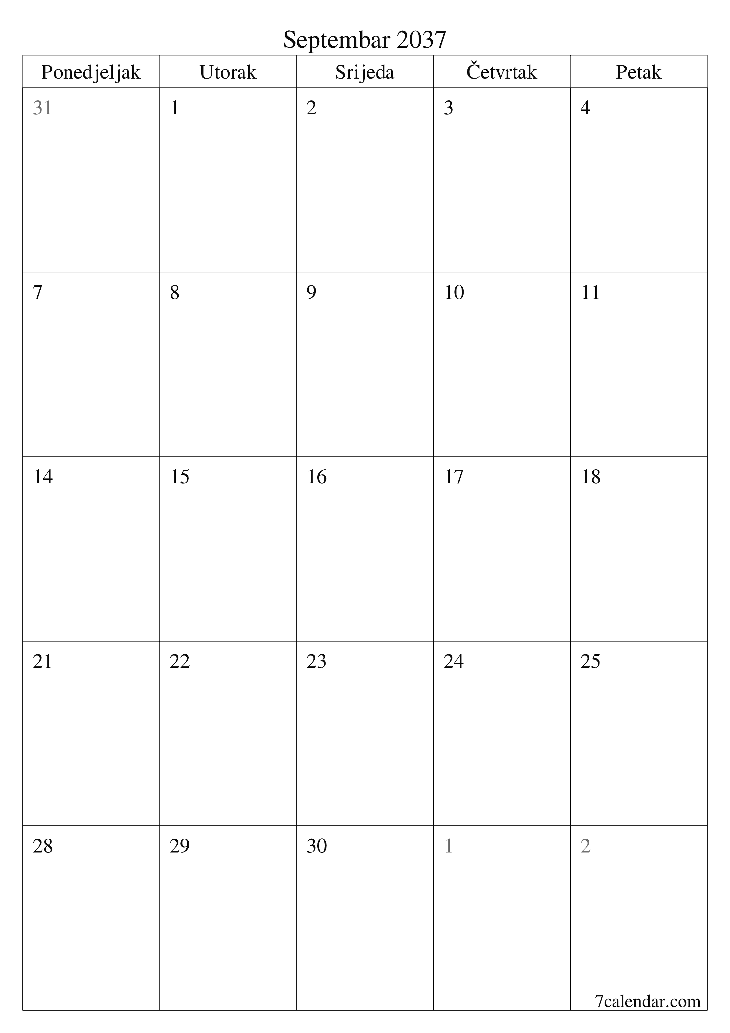  za štampanje zidni šablon a besplatni vertikalno Mjesečno planer kalendar Septembar (Sep) 2037
