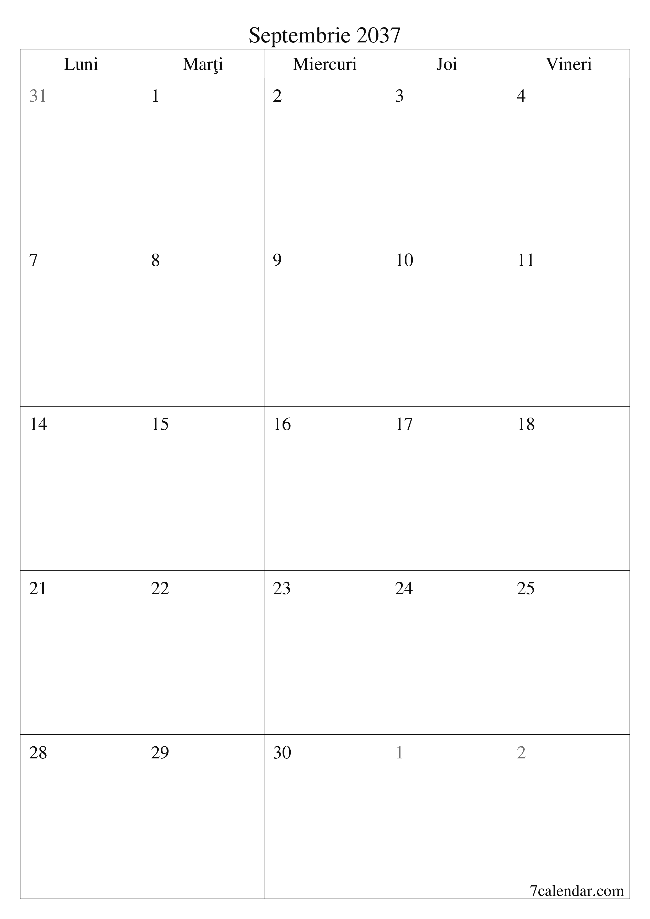  imprimabil de perete șablon de gratuitvertical Lunar planificator calendar Septembrie (Sep) 2037