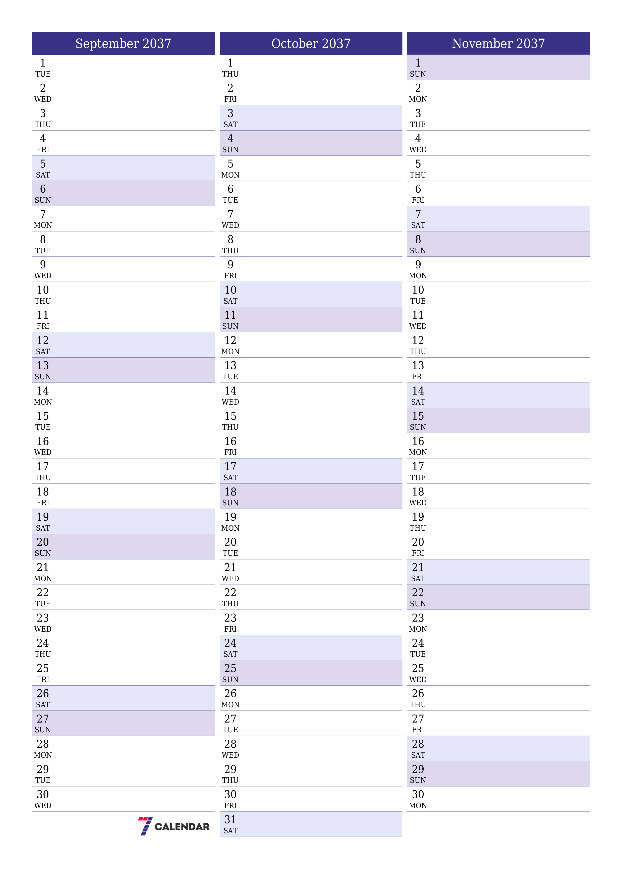 printable wall template free vertical Monthly planner calendar September (Sep) 2037
