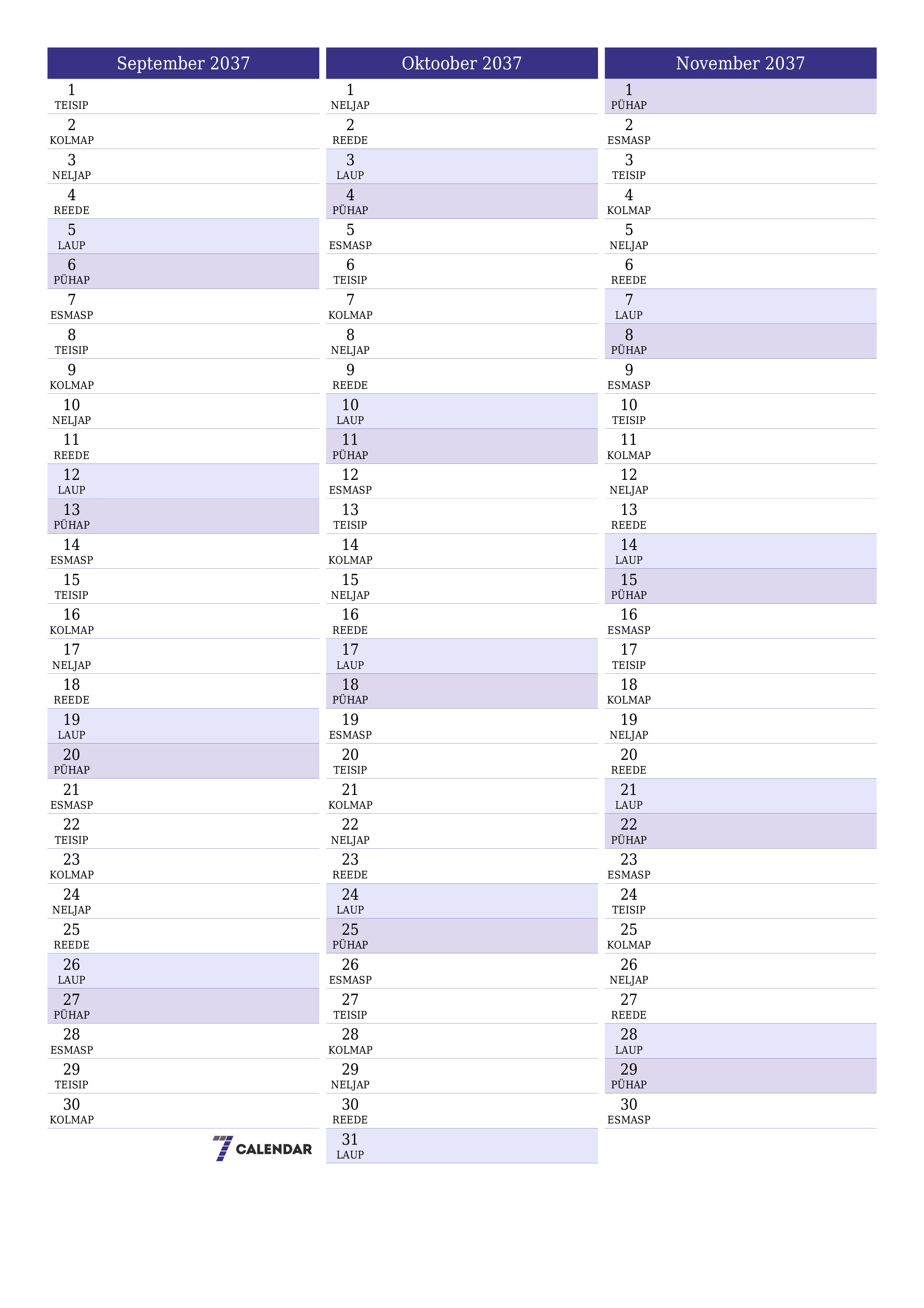 prinditav seina kalendri mall tasuta vertikaalne Igakuine planeerija kalender September (Sept) 2037
