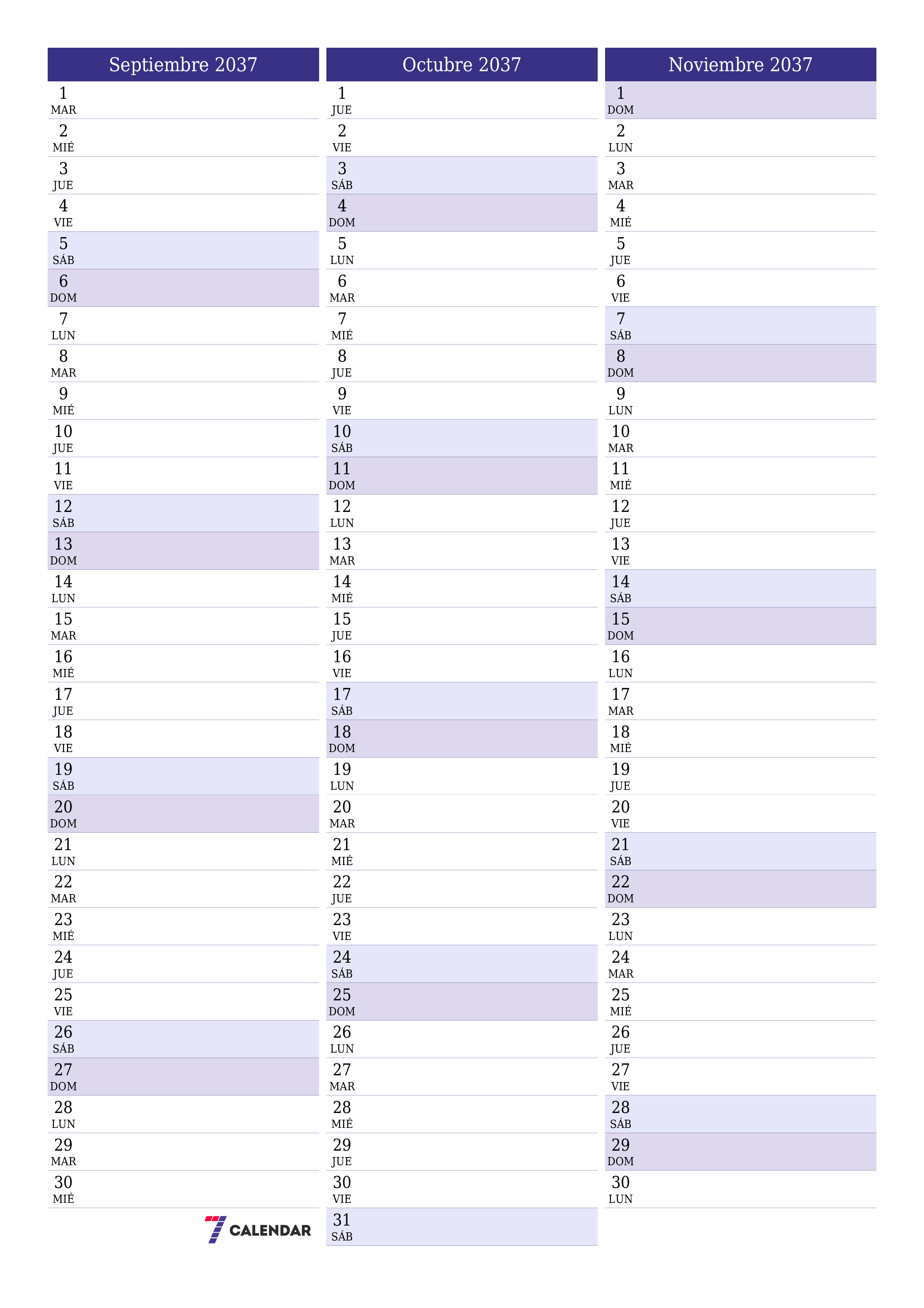  imprimible de pared plantilla de gratisvertical Mensual planificador calendario Septiembre (Sep) 2037