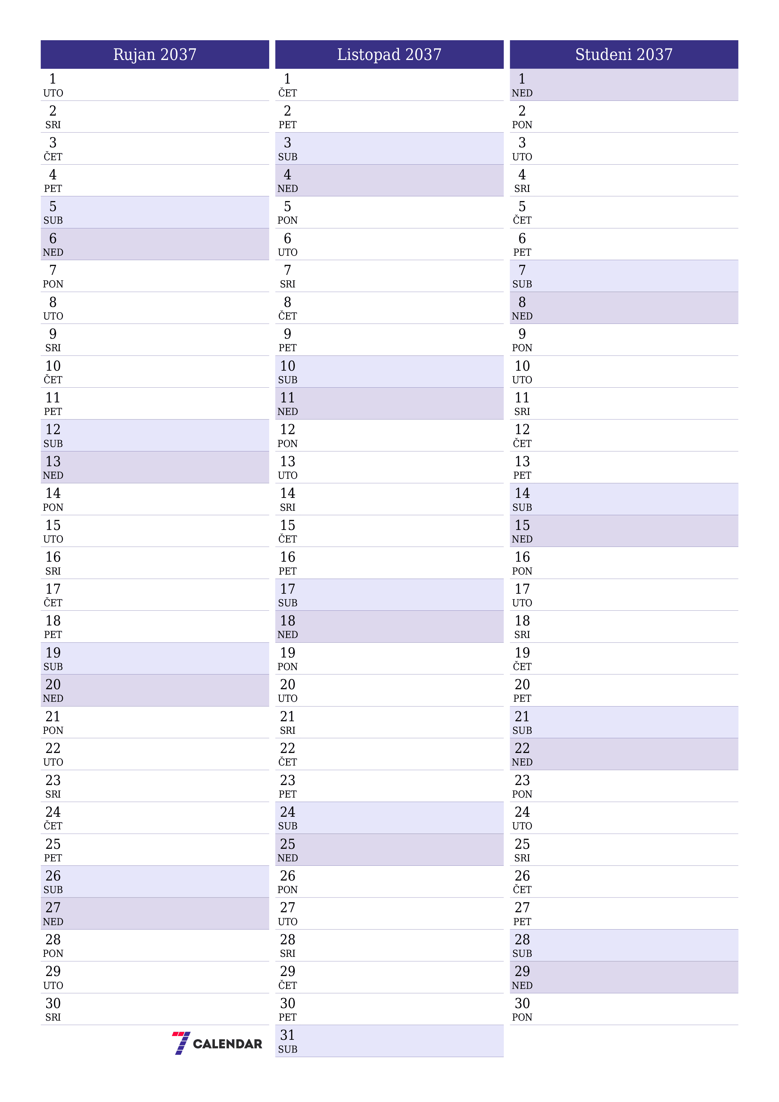 za ispis zidni predložak a besplatni okomito Mjesečni planer kalendar Rujan (Ruj) 2037