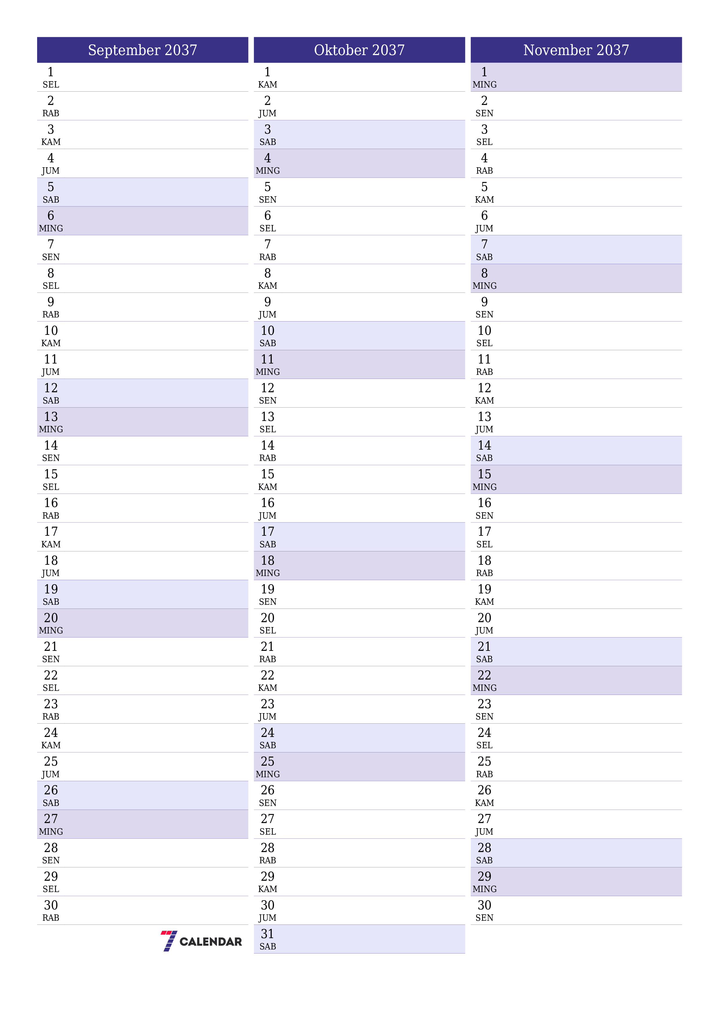  yang dapat dicetak dinding templat gratisvertikal Bulanan perencana kalender September (Sep) 2037