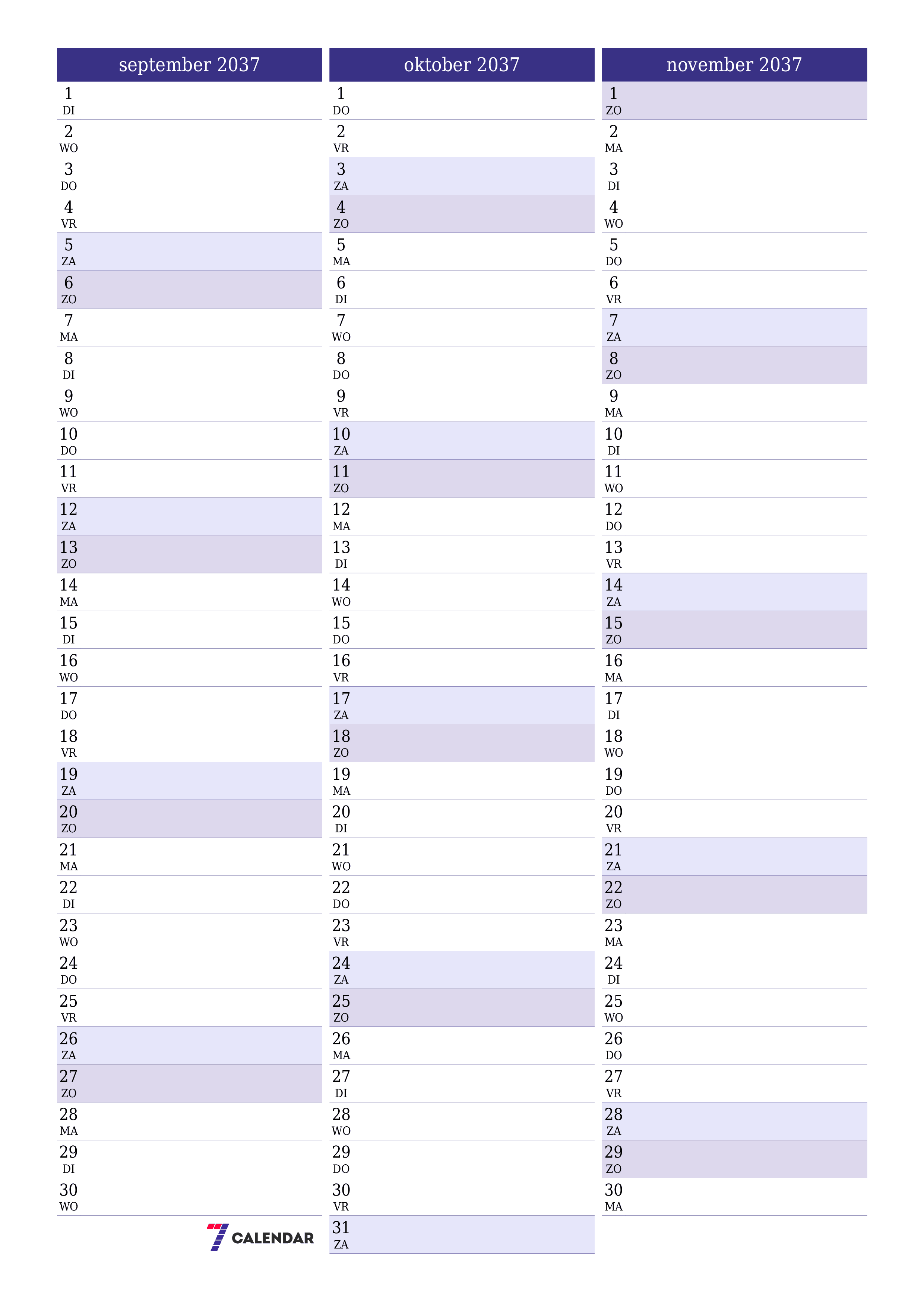 afdrukbare muur sjabloon gratis verticaal Maandelijks planner kalender september (sep) 2037