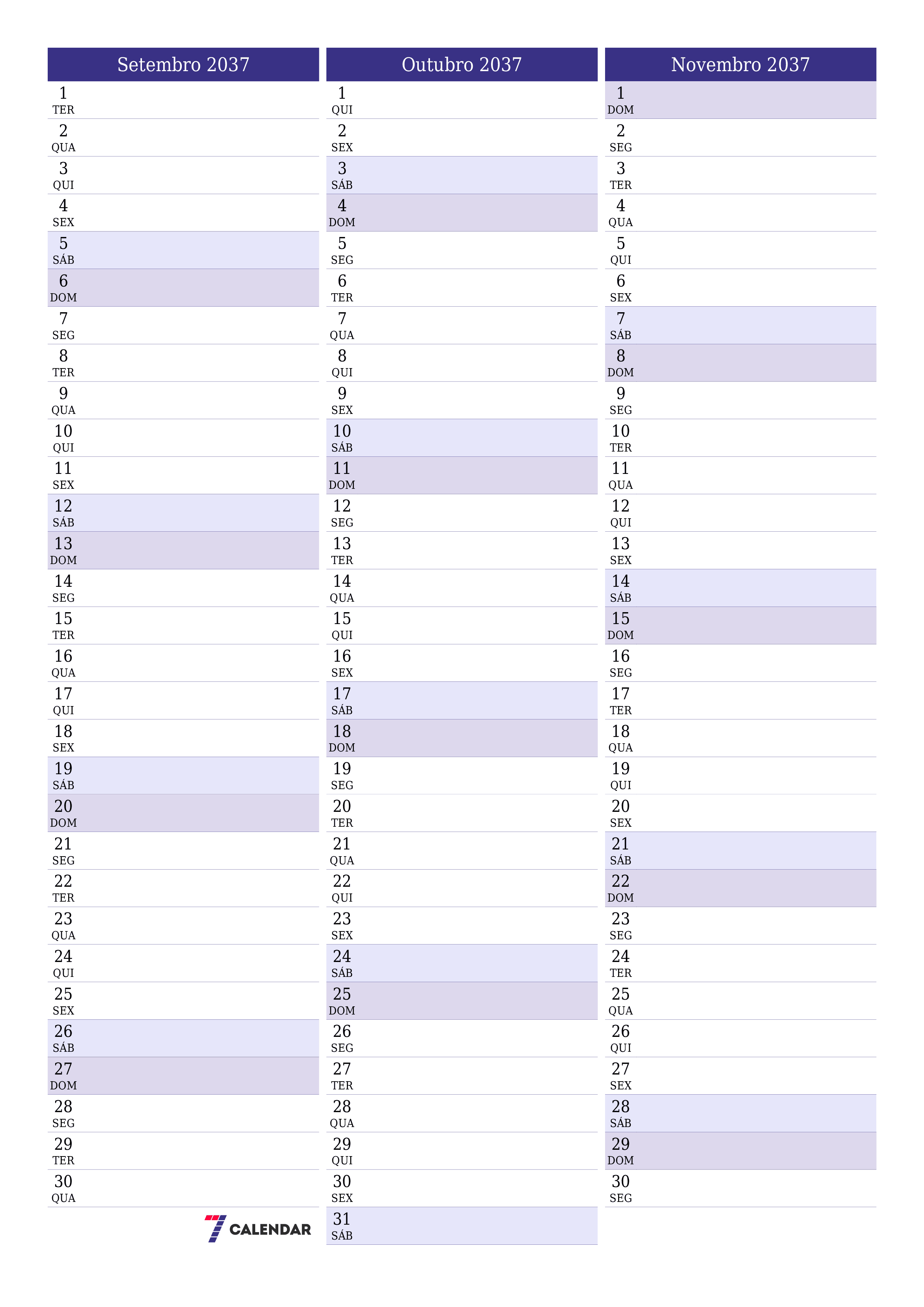  para impressão de parede modelo de grátisvertical Mensal planejador calendário Setembro (Set) 2037