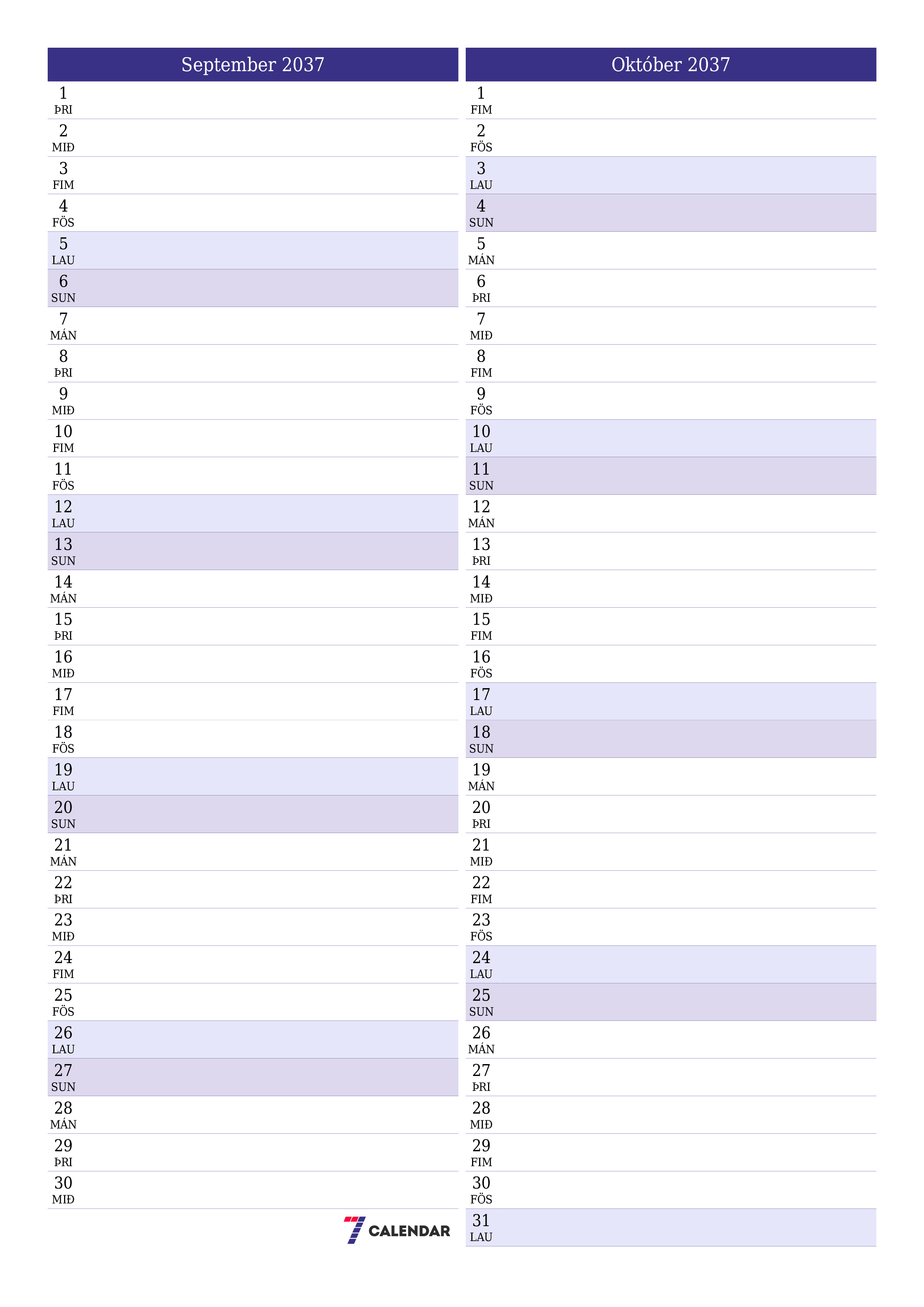 prentanlegt vegg sniðmát fyrir ókeypis lóðrétt Mánaðarlegt skipuleggjandi dagatal September (Sep) 2037