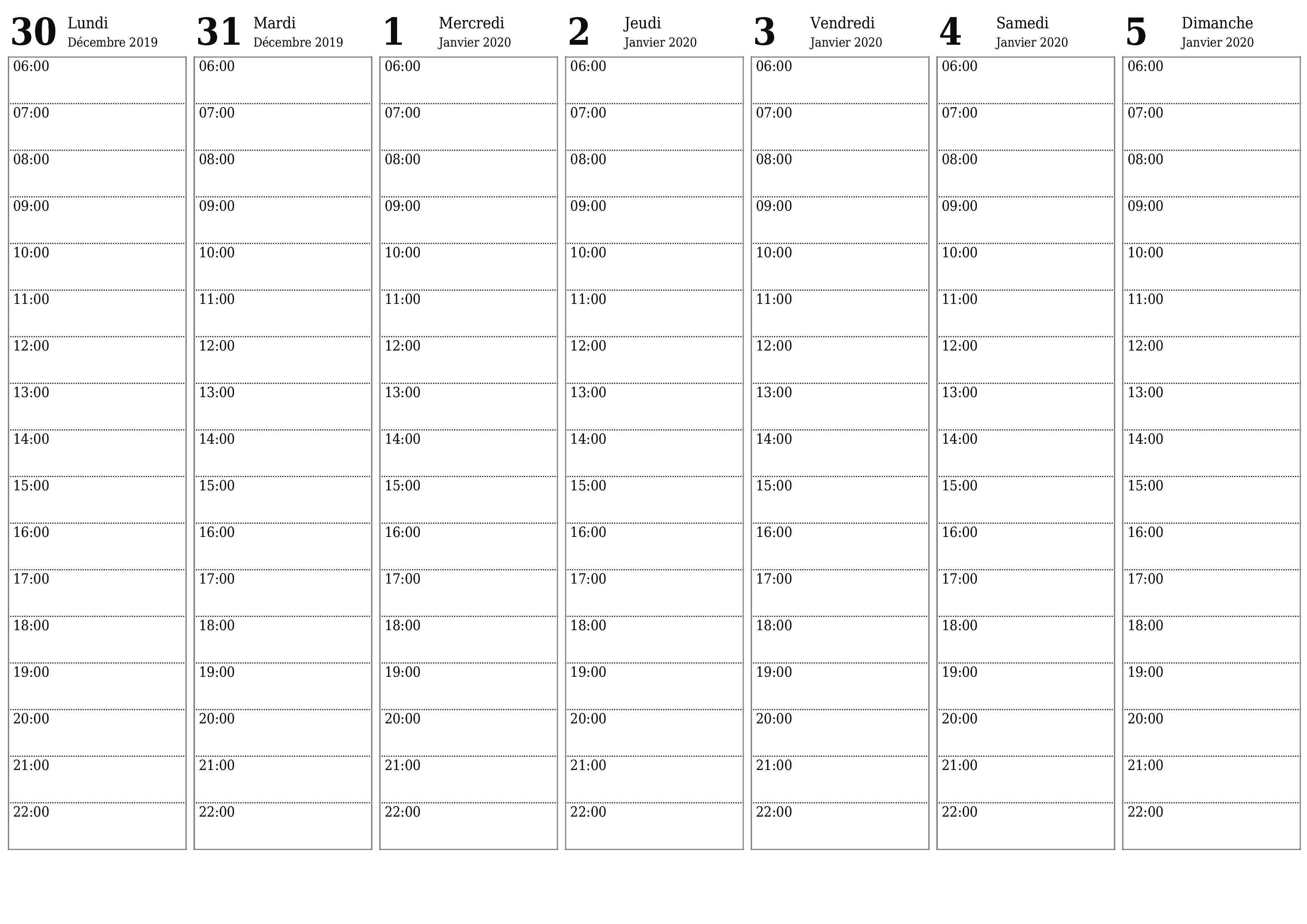 Agenda hebdomadaire vide pendant des semaines Janvier 2020 avec notes, enregistrez et imprimez au format PDF PNG French