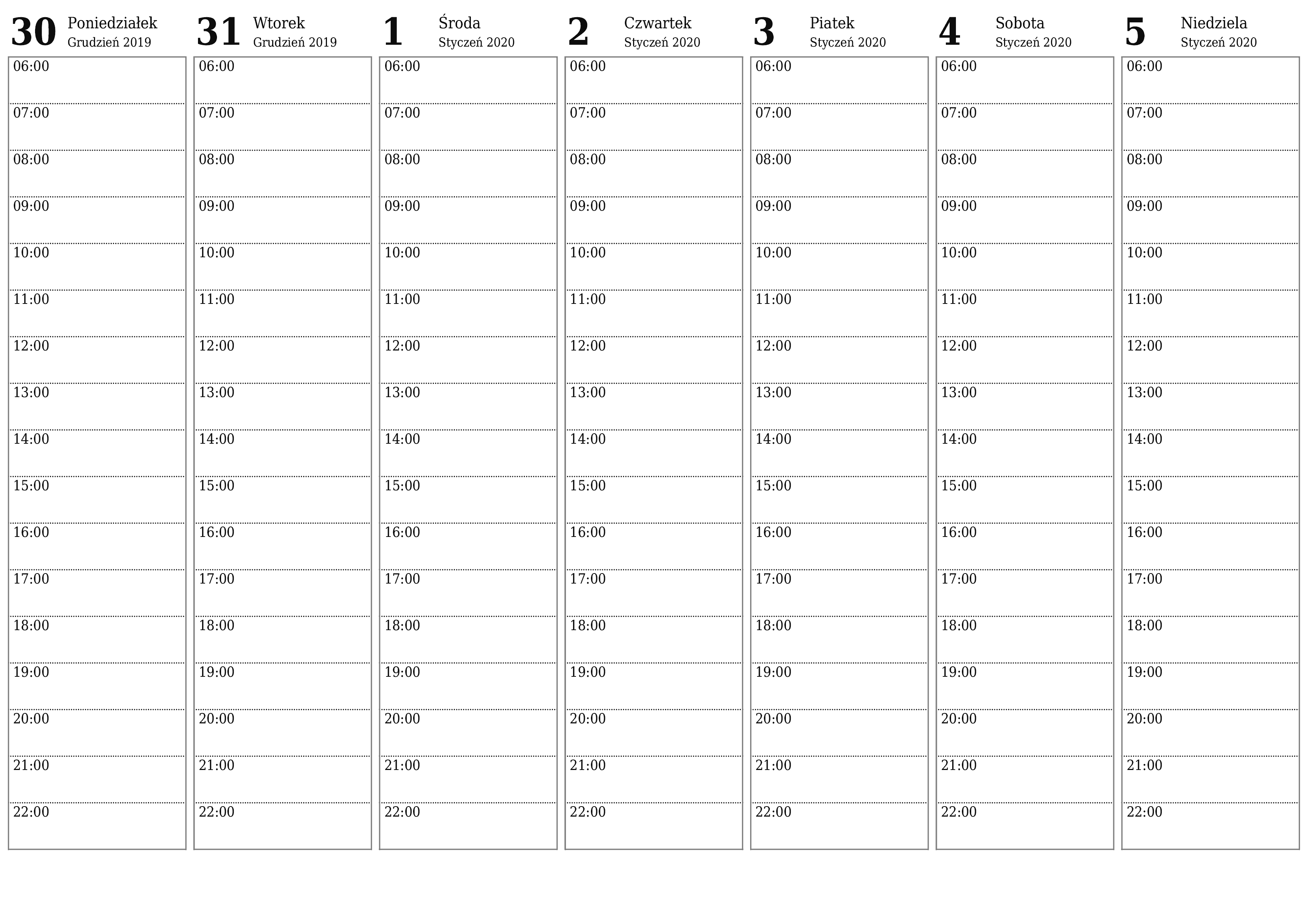 Opróżnij tygodniowy planer na tygodnie Styczeń 2020 z notatkami, zapisz i wydrukuj w formacie PDF PNG Polish