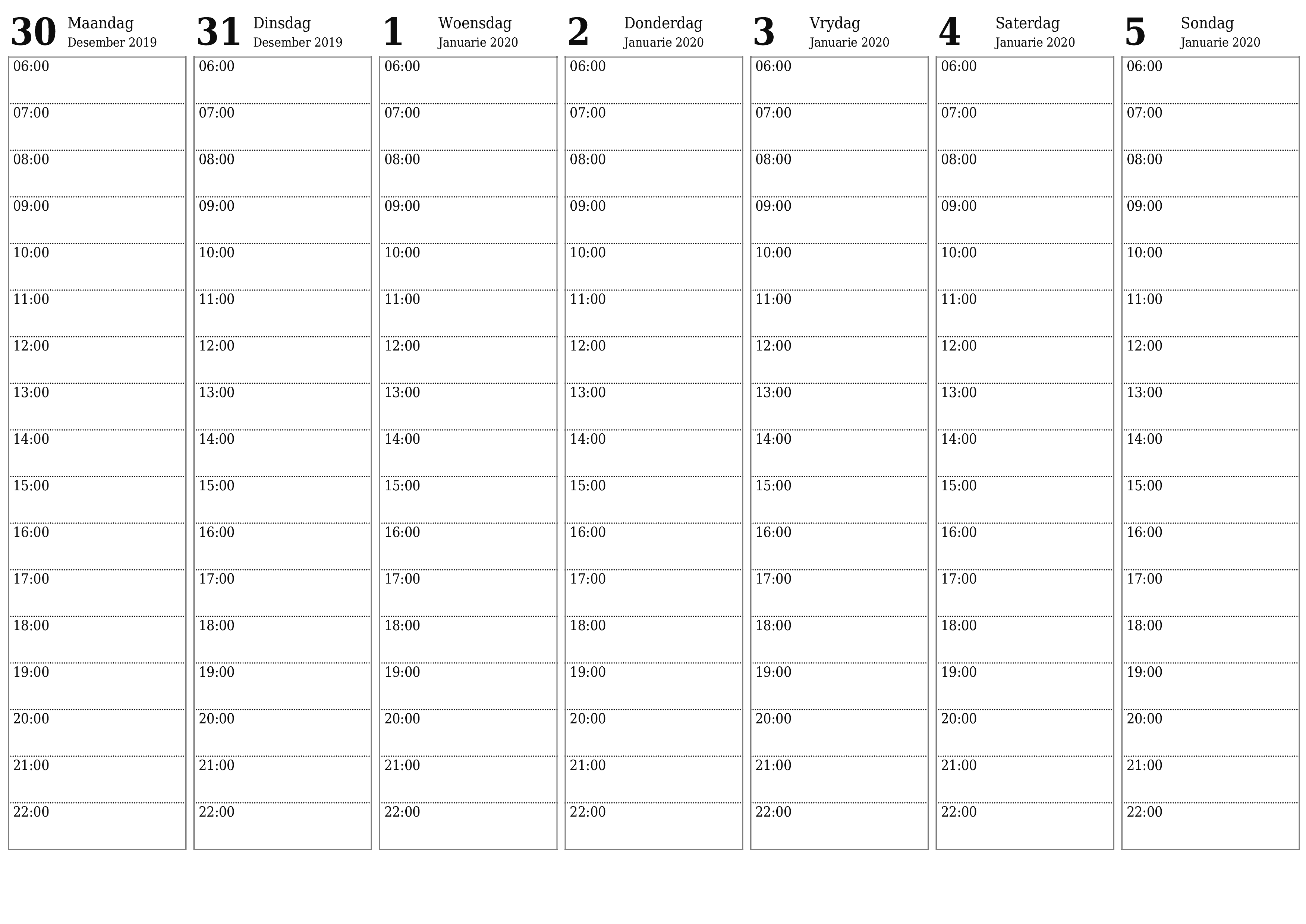 Leë weeklikse drukbare kalender en beplanner vir week Januarie 2020 met notas, stoor en druk na PDF PNG Afrikaans