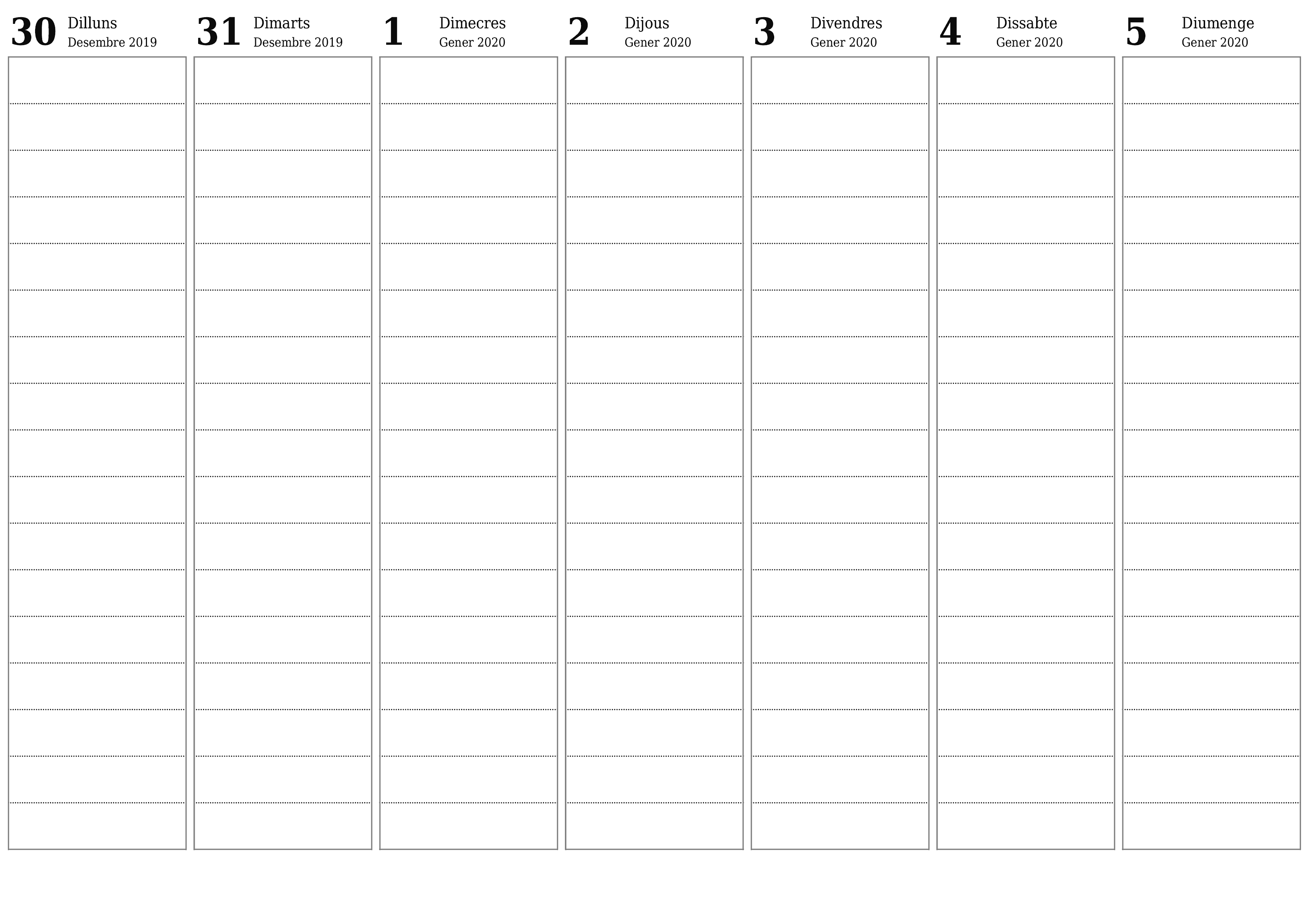  imprimible de paret plantilla de gratuïthoritzontal Setmanal planificador calendari Gener (Gen) 2020