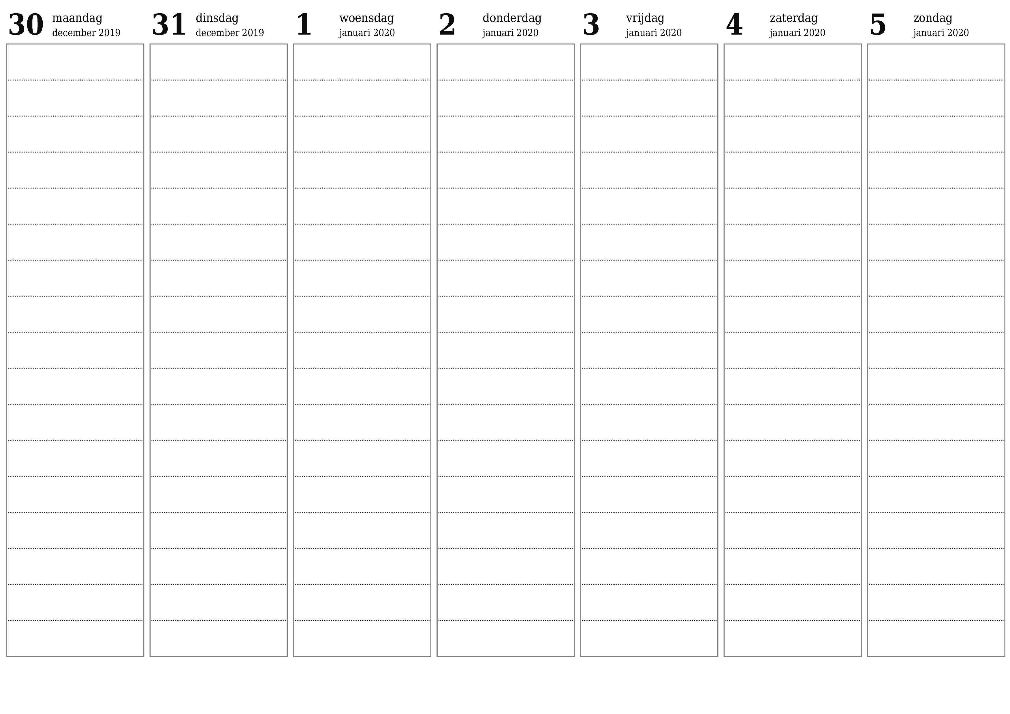 Lege weekplanner voor weken januari 2020 met notities, opslaan en afdrukken naar pdf PNG Dutch