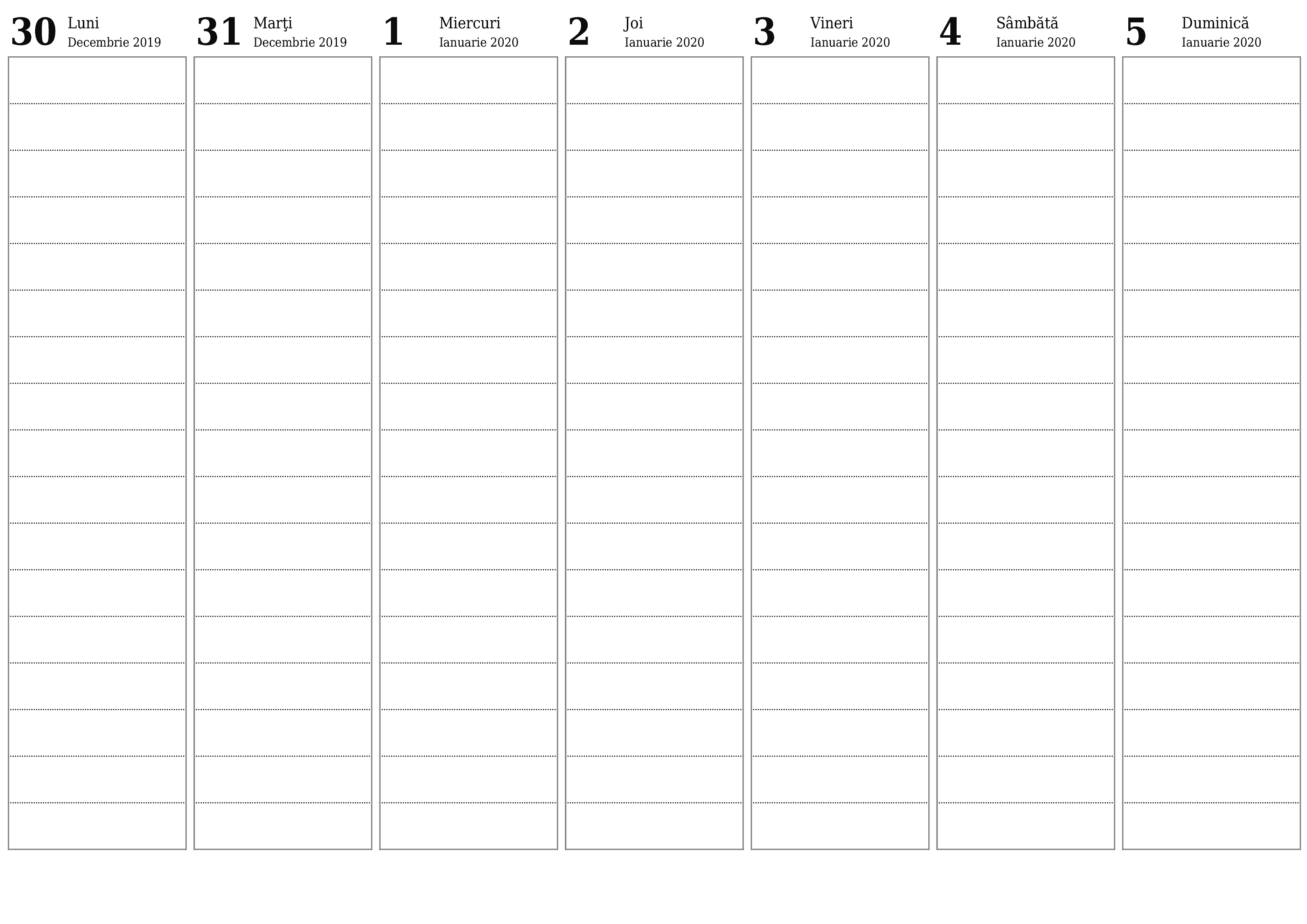  imprimabil de perete șablon de gratuitorizontală Săptămânal planificator calendar Ianuarie (Ian) 2020