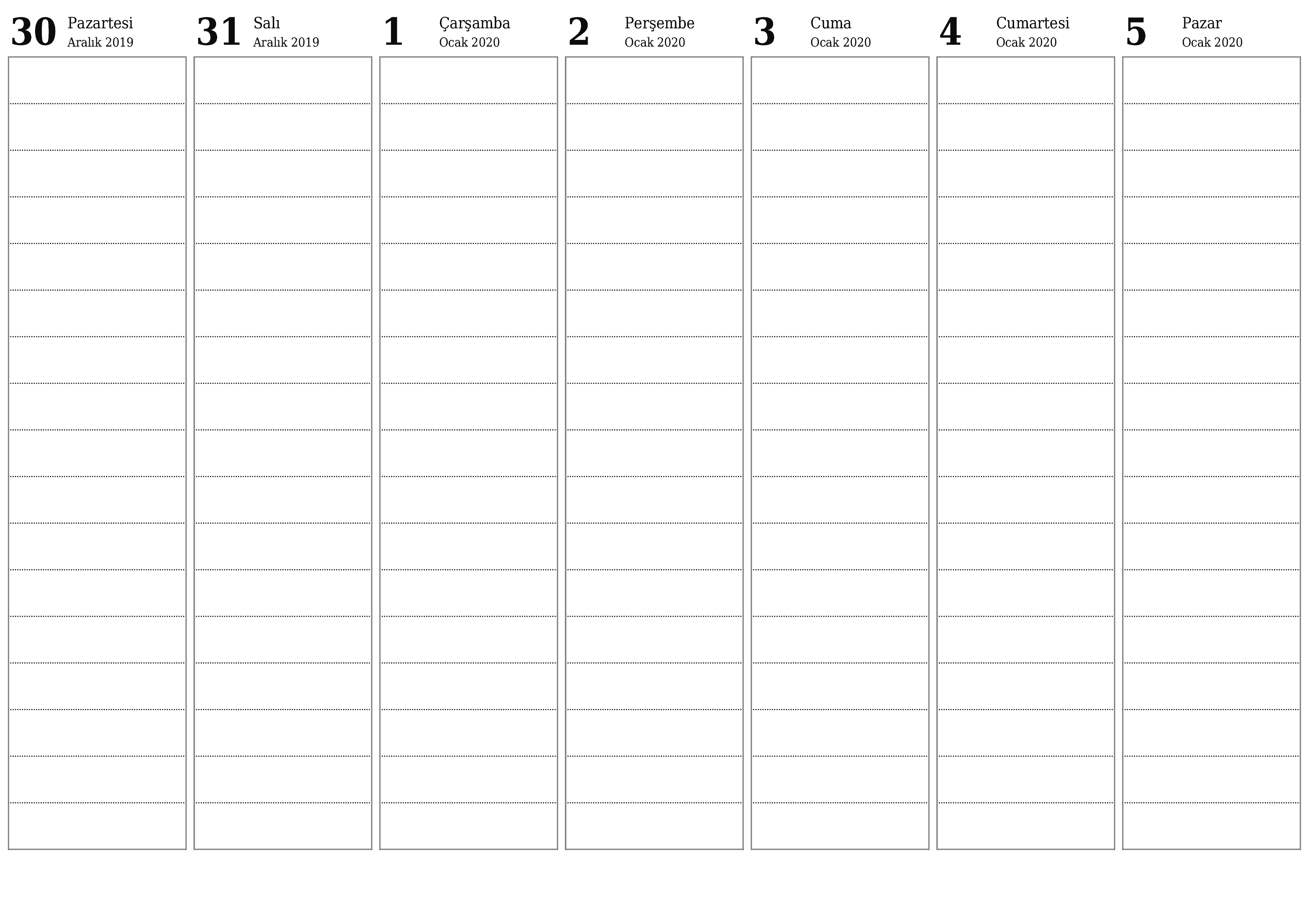 Haftalar için notlarla boş haftalık planlayıcı Ocak 2020, kaydedin ve PDF'ye yazdırın PNG Turkish