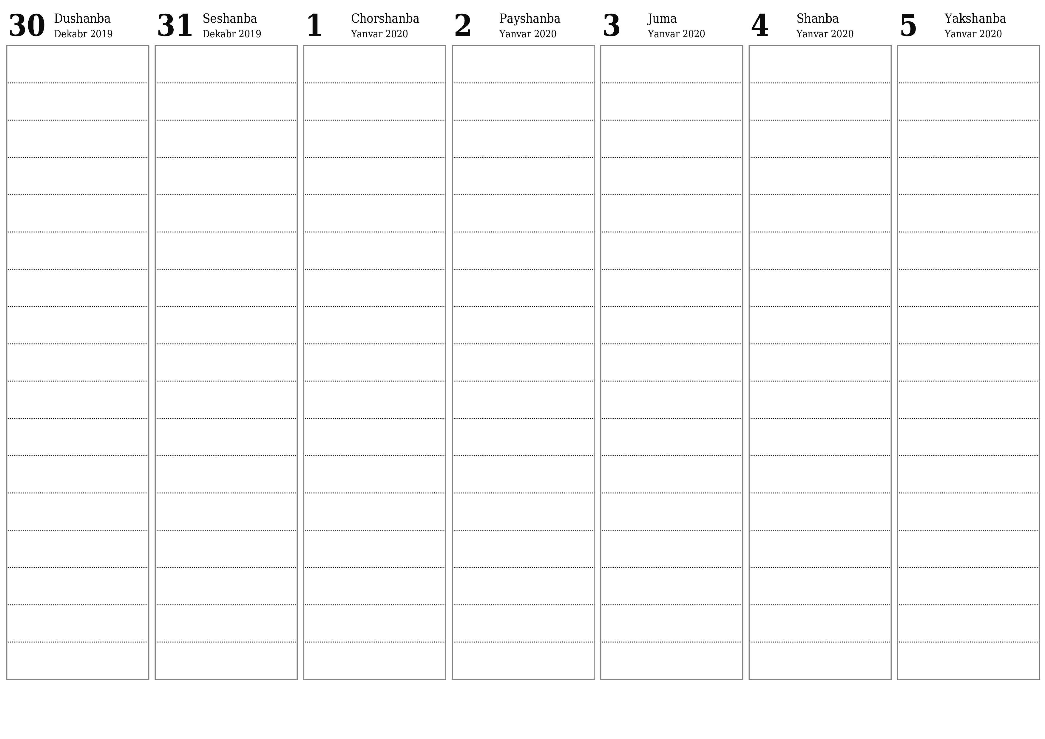 Haftalik rejalashtiruvchi Yanvar 2020 haftalar uchun yozuvlar bilan bo'shatib, saqlang va PDF-ga chop eting PNG Uzbek