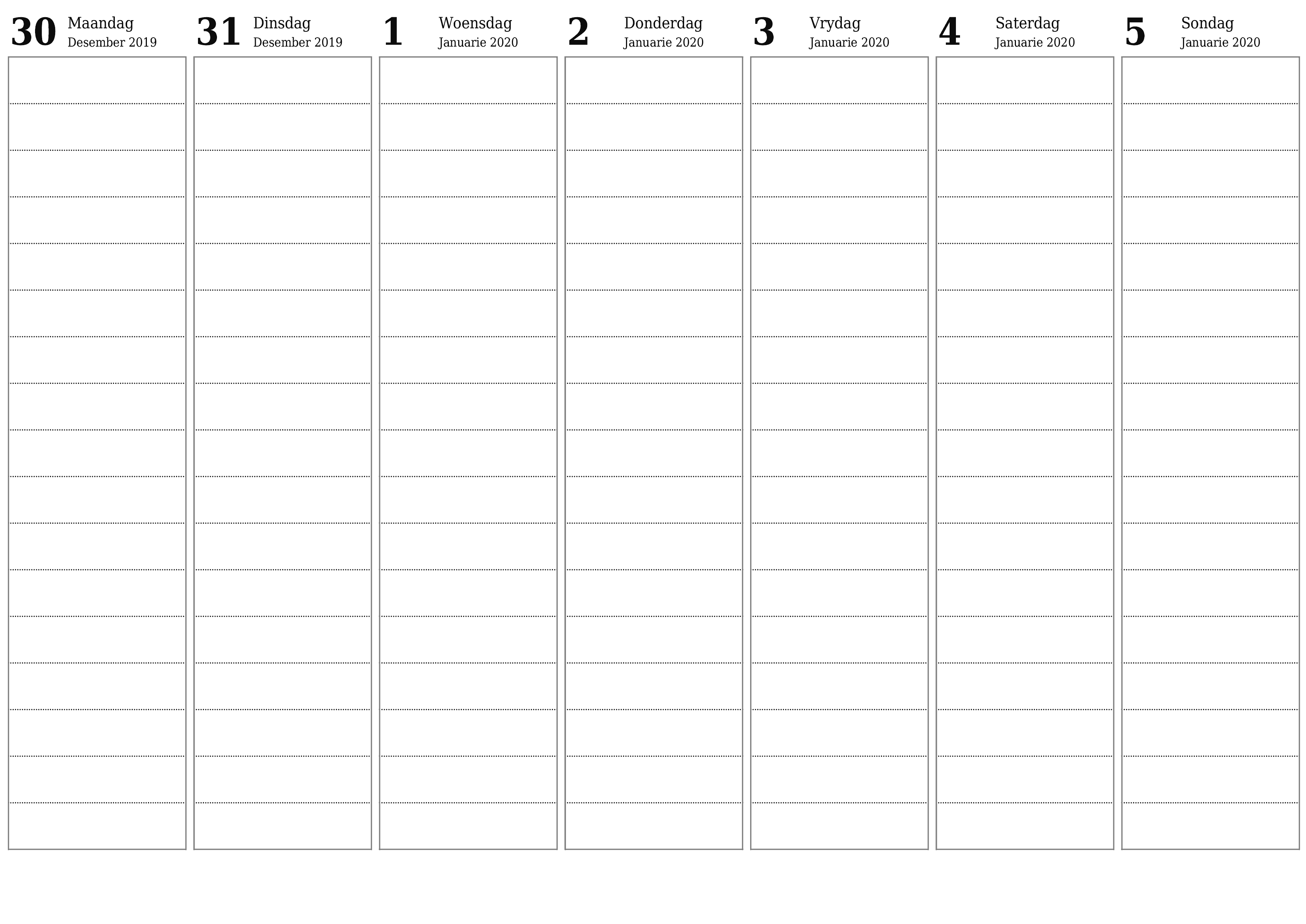 Leë weeklikse drukbare kalender en beplanner vir week Januarie 2020 met notas, stoor en druk na PDF PNG Afrikaans