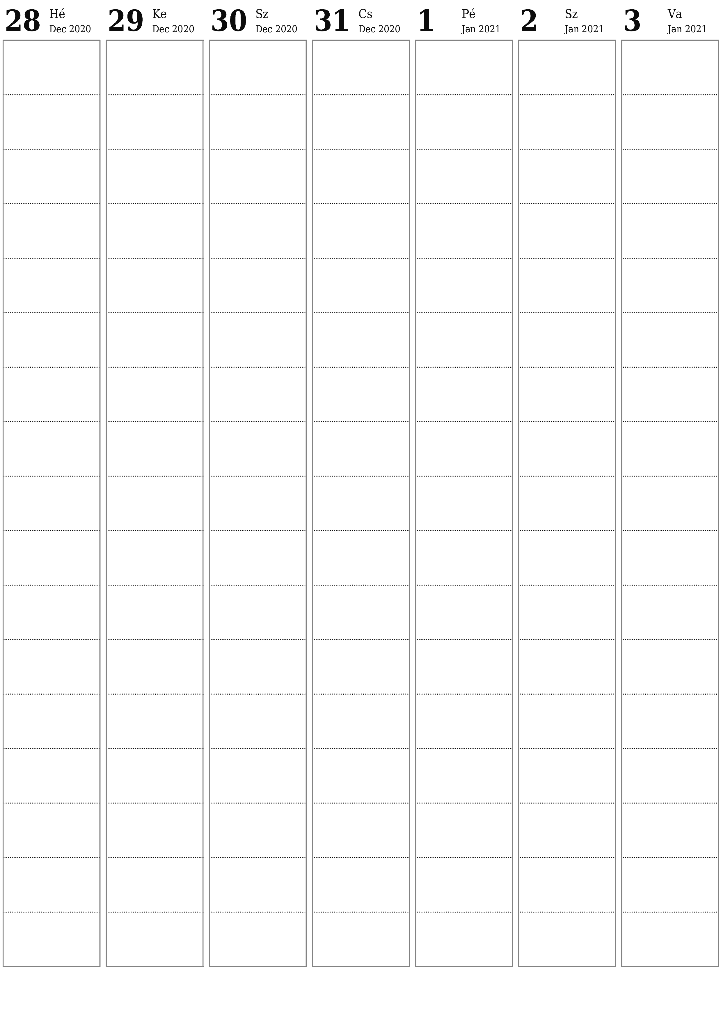 nyomtatható fali sablon ingyenes függőleges Heti tervező naptár Január (Jan) 2021