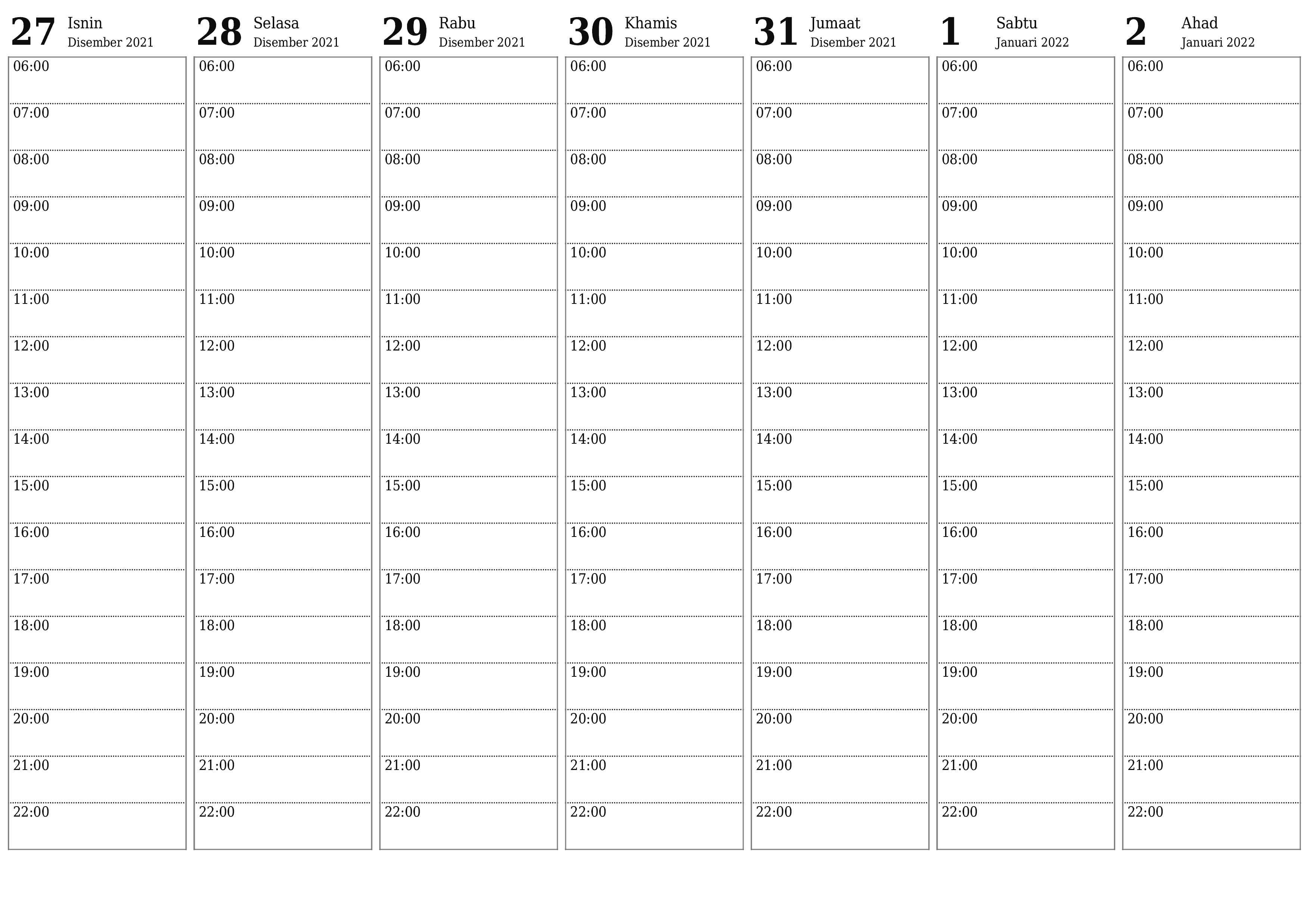 Kalendar mingguan kosong untuk minggu Januari 2022 simpan dan cetak ke PDF PNG Malay - 7calendar.com