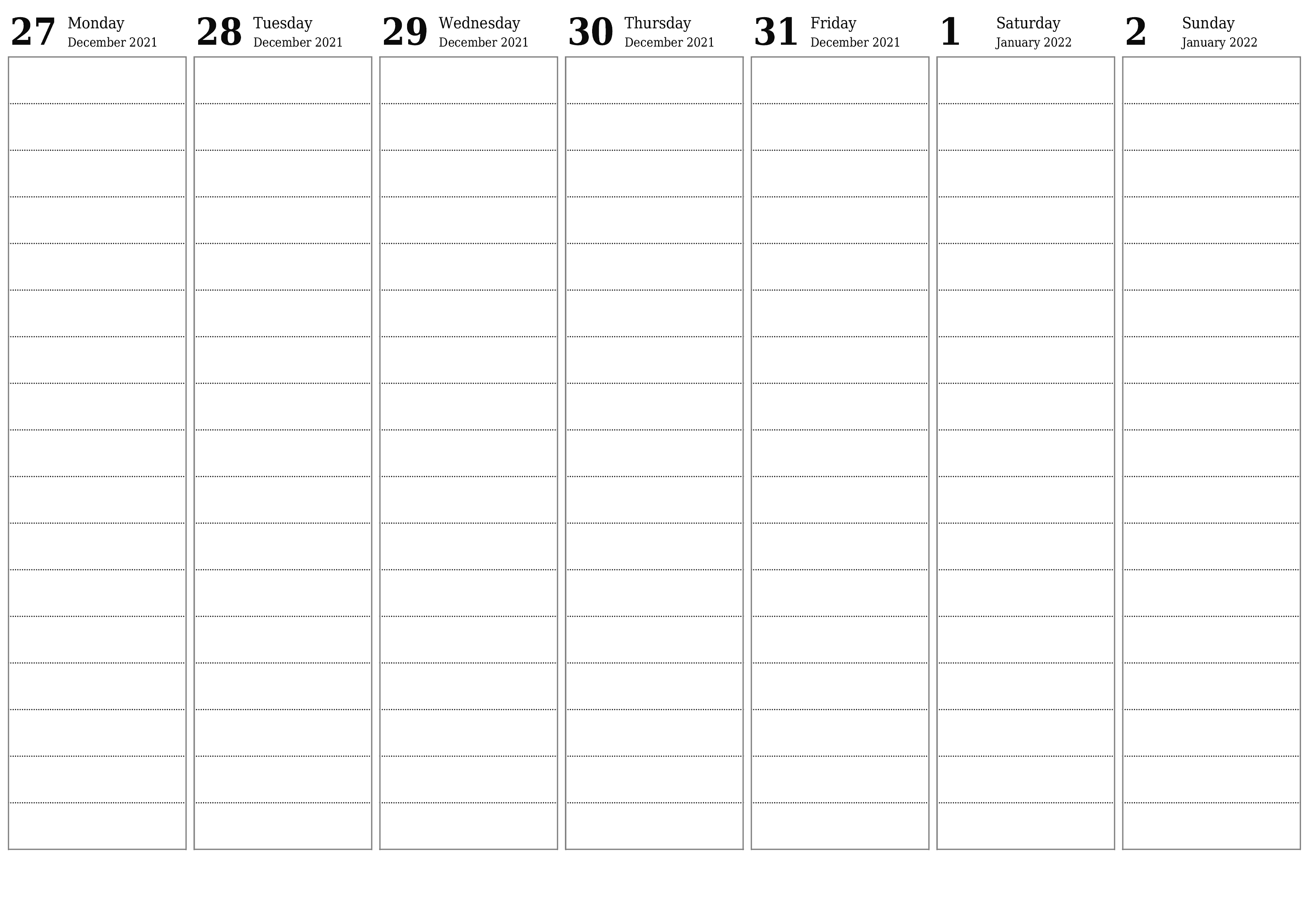 Blank weekly printable calendar and planner for week January 2022 with notes, save and print to PDF PNG English - 7calendar.com