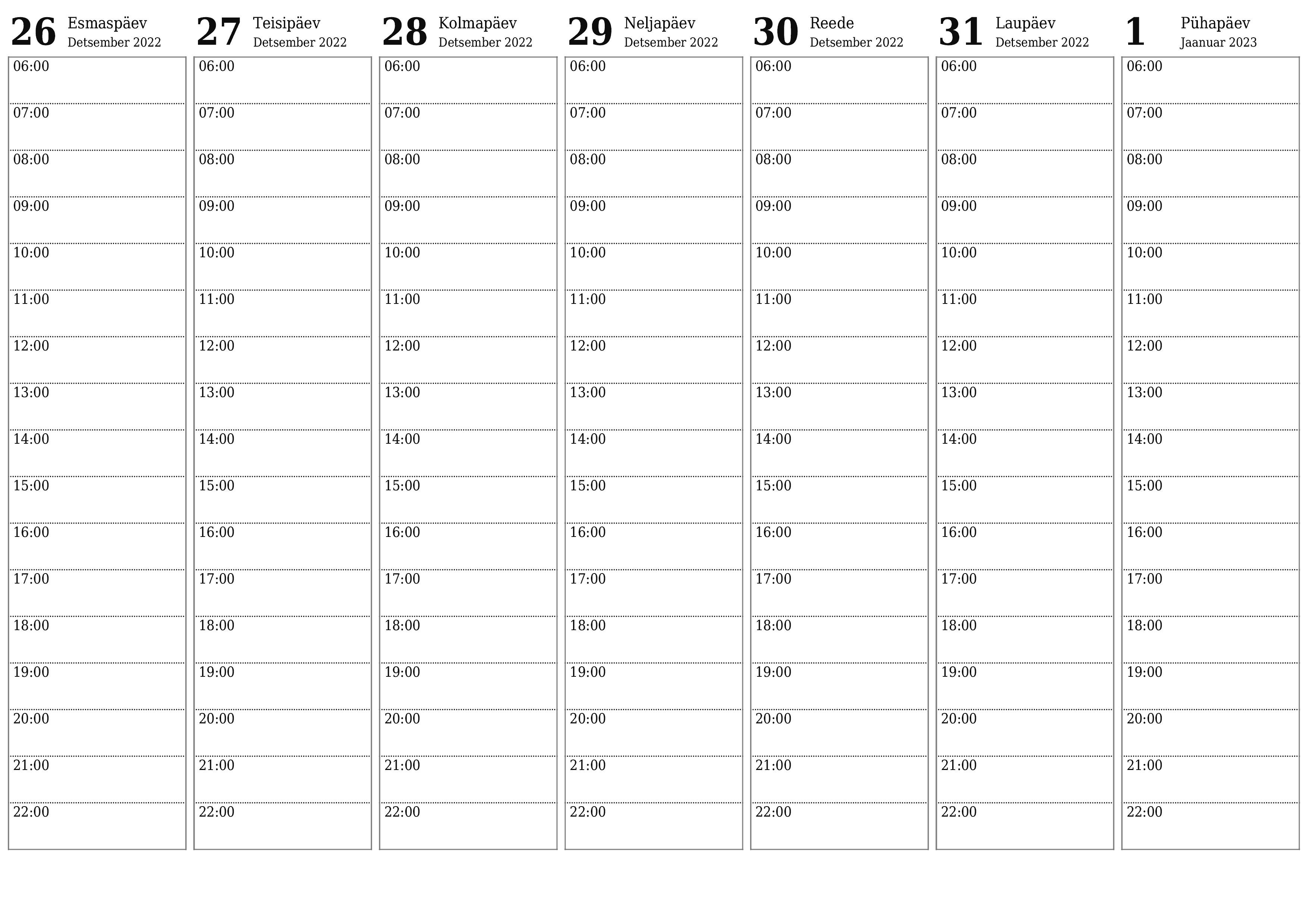 Tühi nädalakalender nädala Jaanuar 2023 salvestamiseks ja printimiseks PDF-i PNG Estonian - 7calendar.com