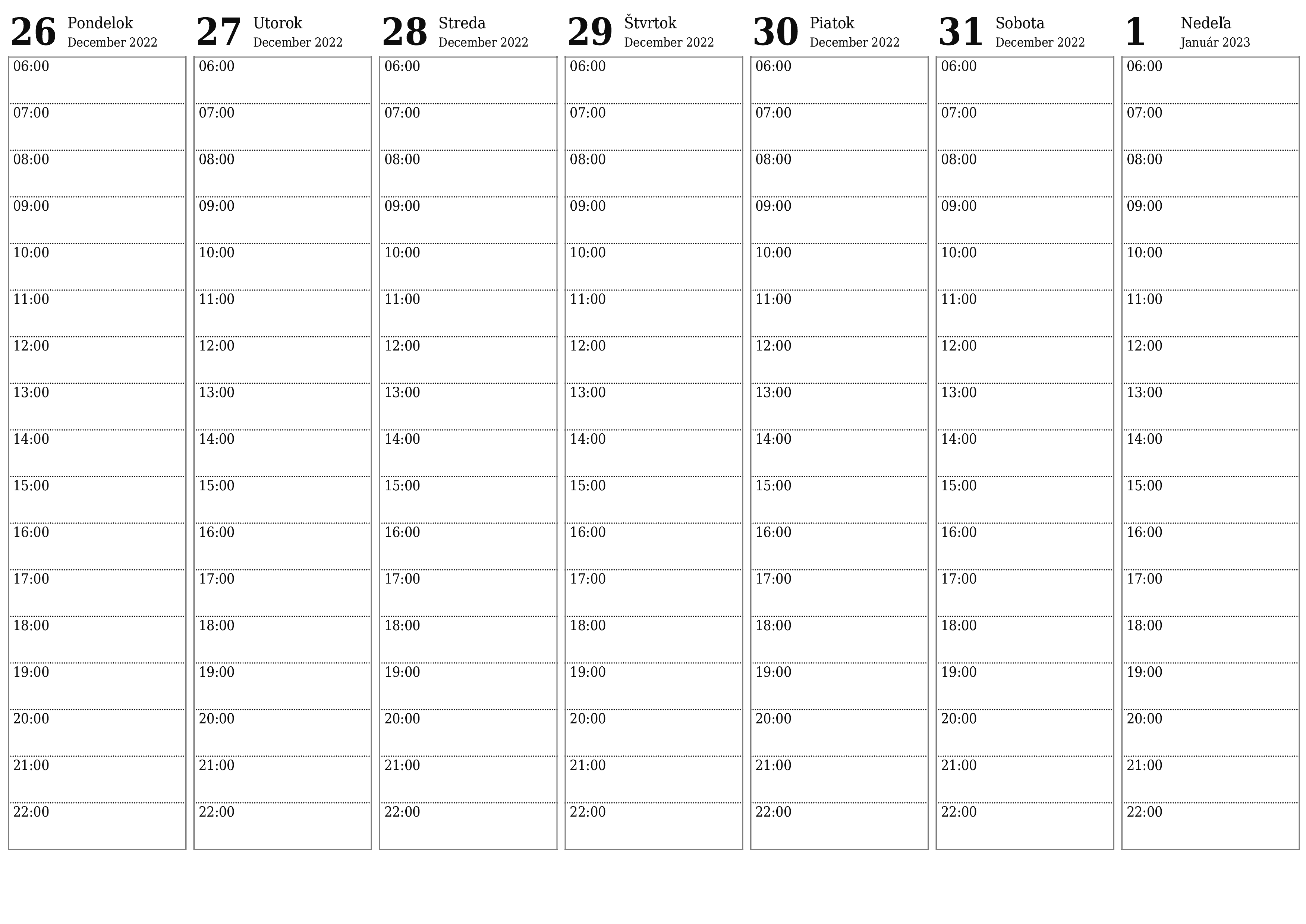 Prázdny týždenný kalendár na týždeň Január 2023 ukladať a tlačiť do PDF PNG Slovak - 7calendar.com