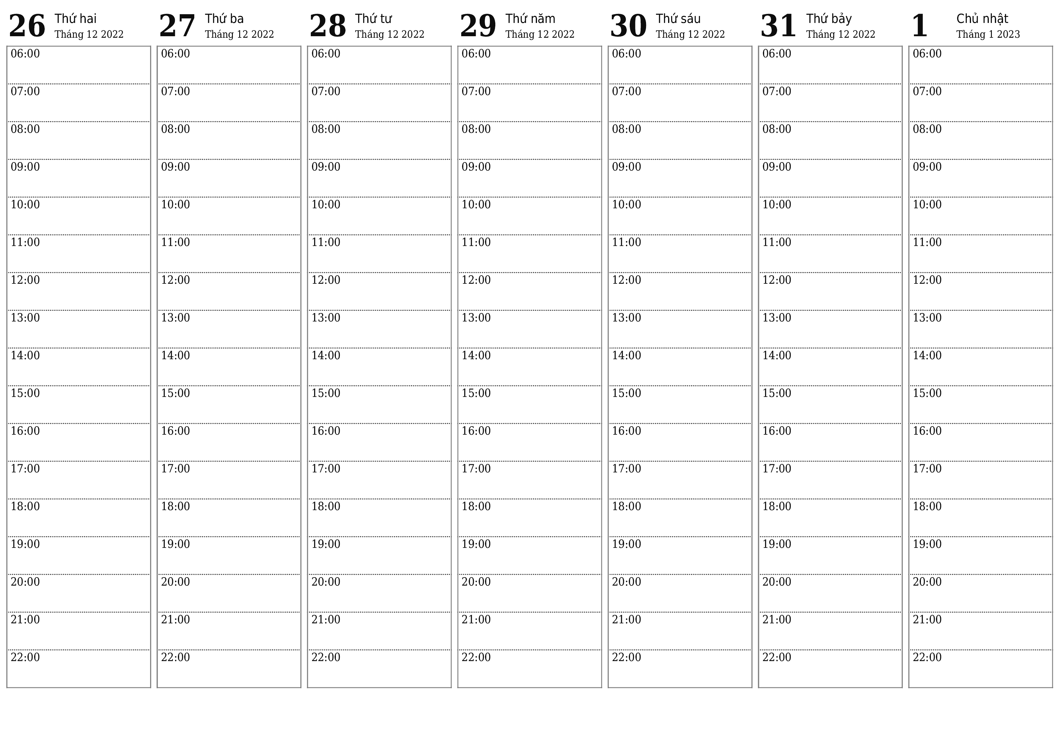 Công cụ lập kế hoạch hàng tuần trống trong tuần Tháng 1 2023 có ghi chú, lưu và in sang PDF PNG Vietnamese - 7calendar.com