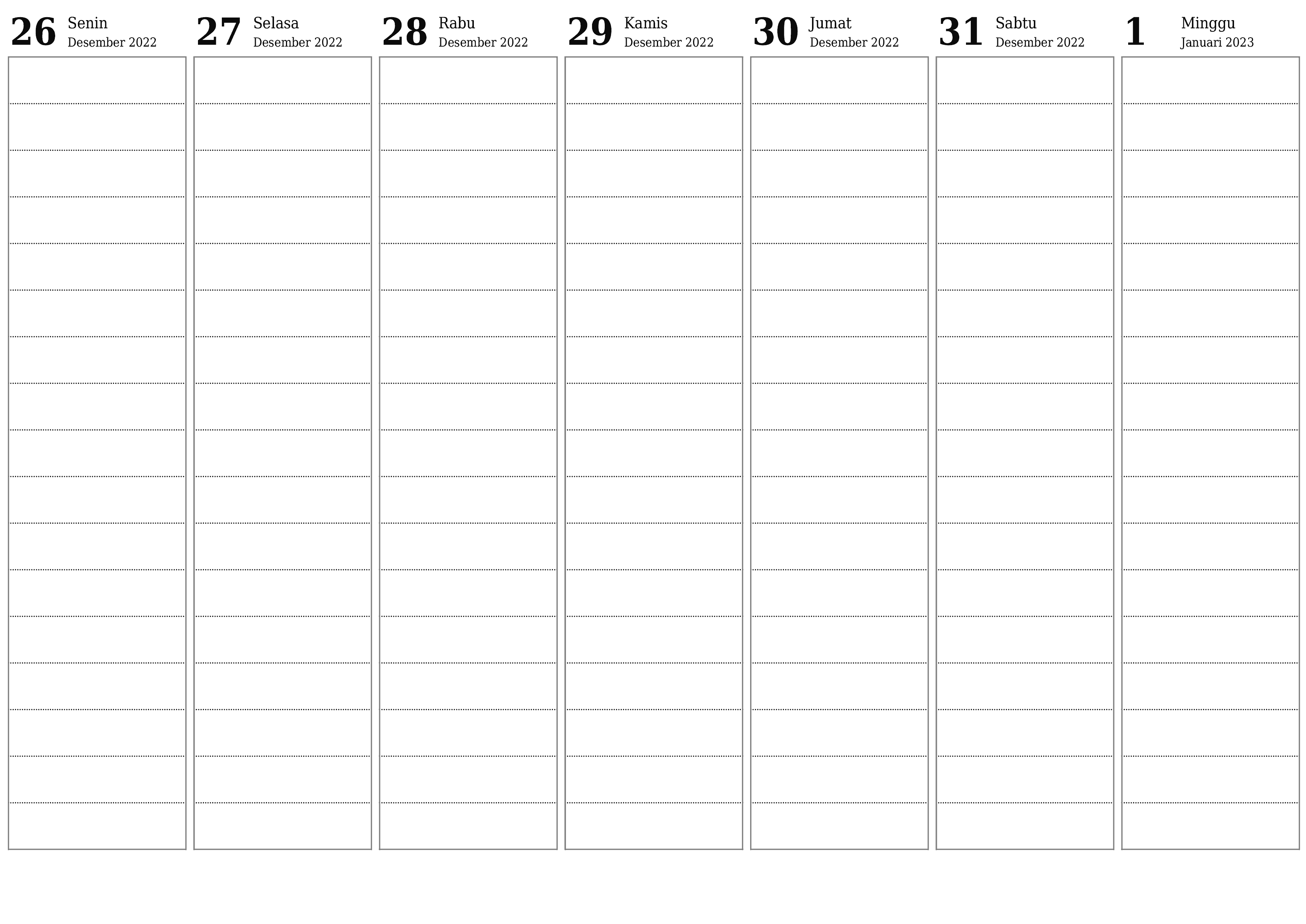 Kalender mingguan kosong untuk minggu Januari 2023 simpan dan cetak ke PDF PNG Indonesian - 7calendar.com