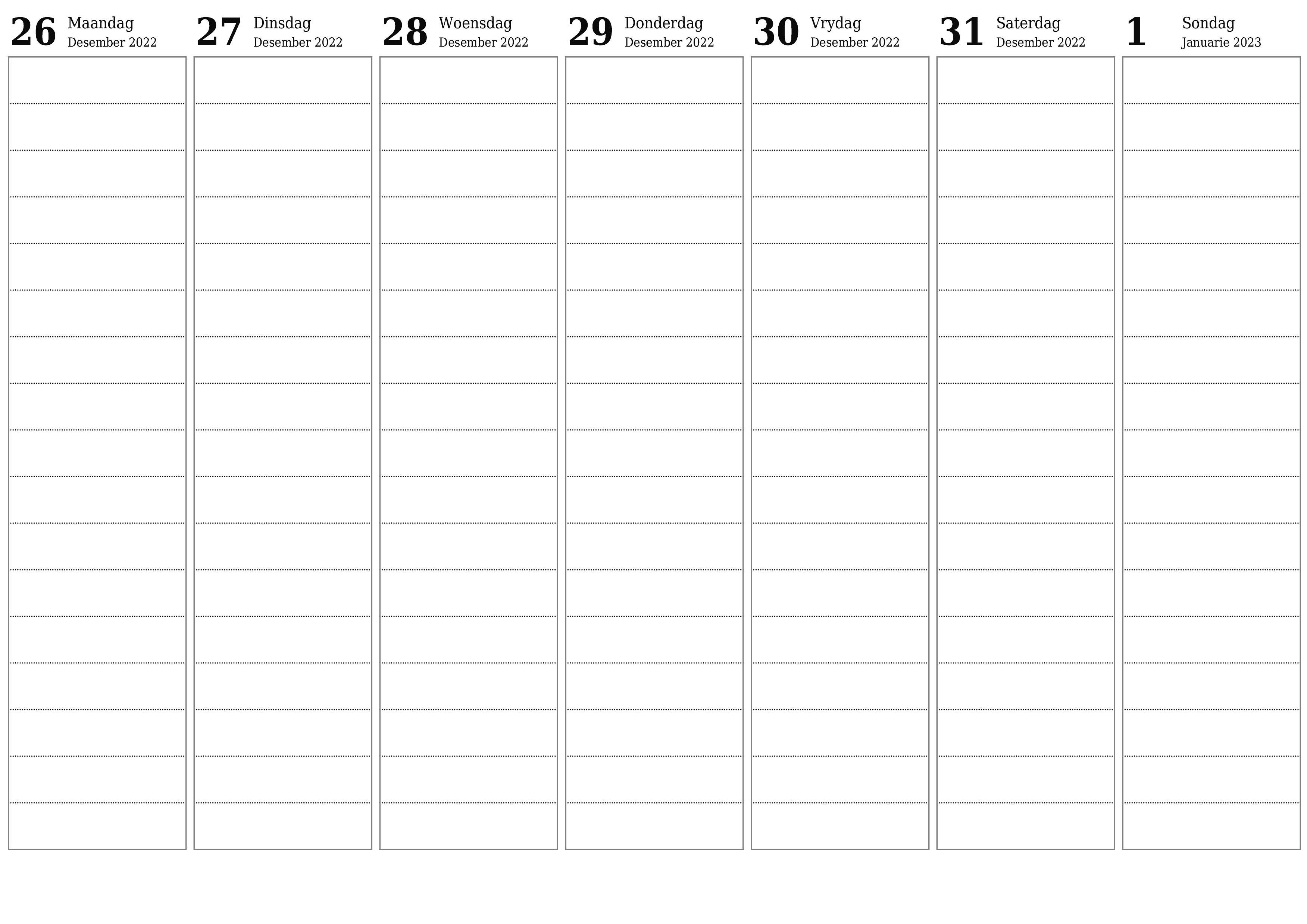 Leë weeklikse drukbare kalender en beplanner vir week Januarie 2023 met notas, stoor en druk na PDF PNG Afrikaans - 7calendar.com